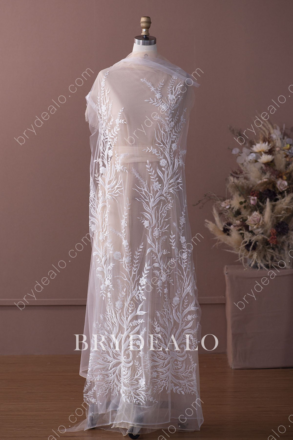 Shiny Beaded Sequined Branch Bridal Lace Fabric