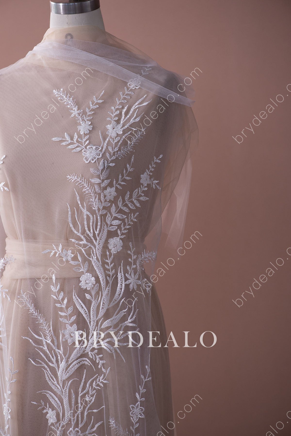 Shiny Beaded Sequined Branch Bridal Lace Fabric for Wholesale