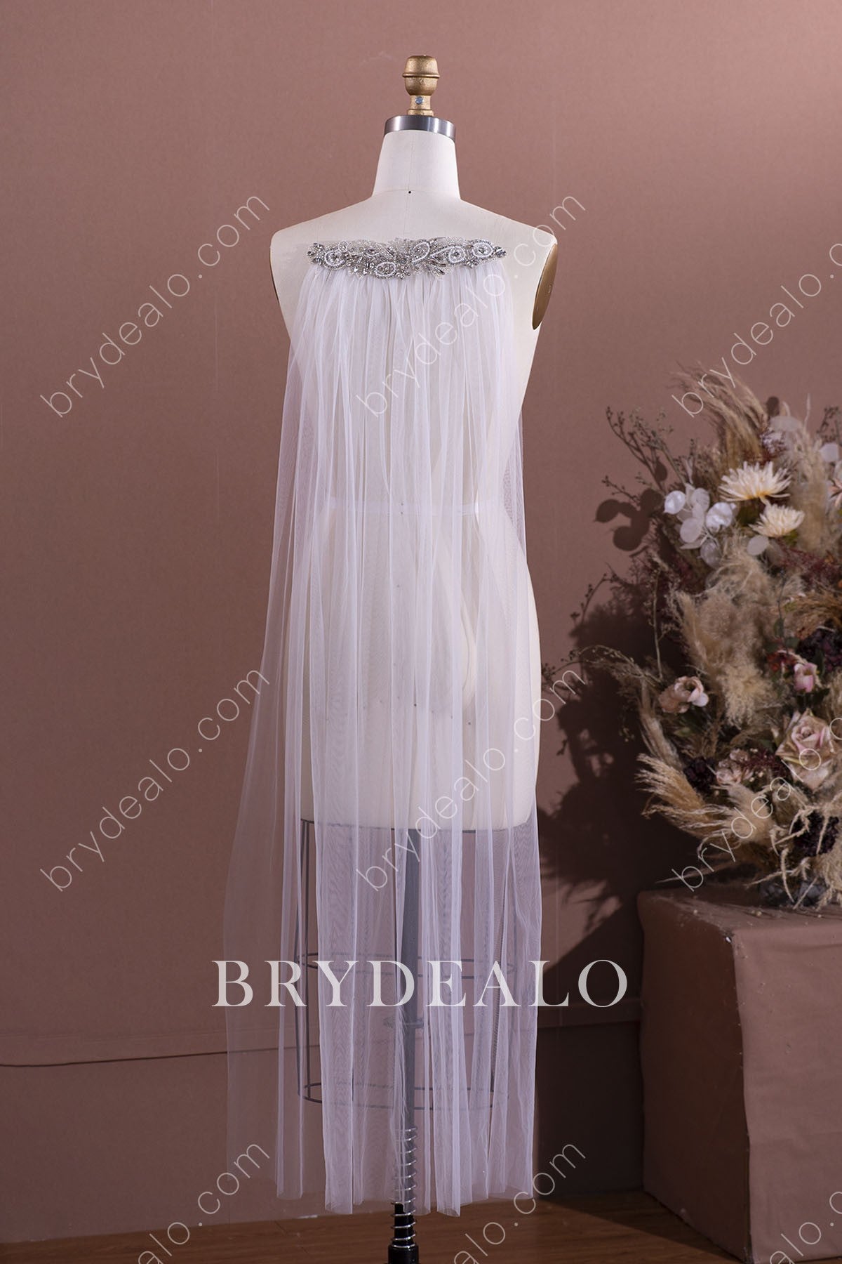 Shiny Crystals Beaded Fingertip Wedding Veil