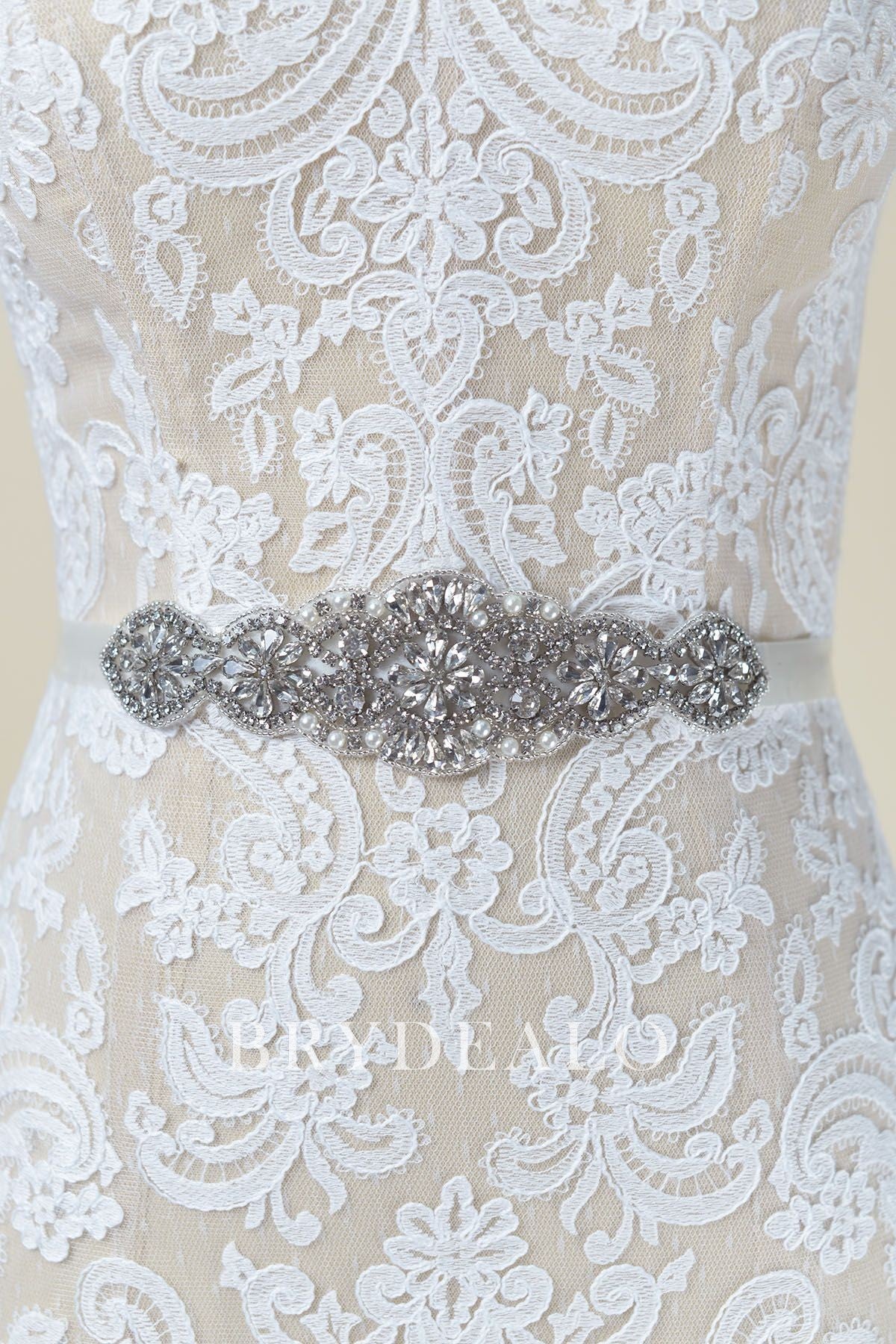 Shiny Scalloped Rhinestones Pearls Bridal Sash
