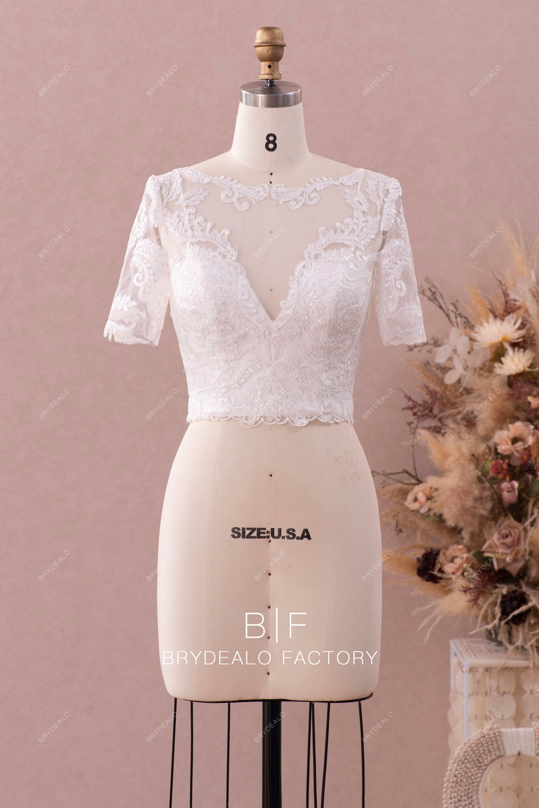 Short Sleeves Lace Bridal Crop Top with Removable Bustier Light Ivory / Lace Jacket Short Sleeves Lace Bridal Crop Top with Removable Bustier Light Ivory / Lace Jacket