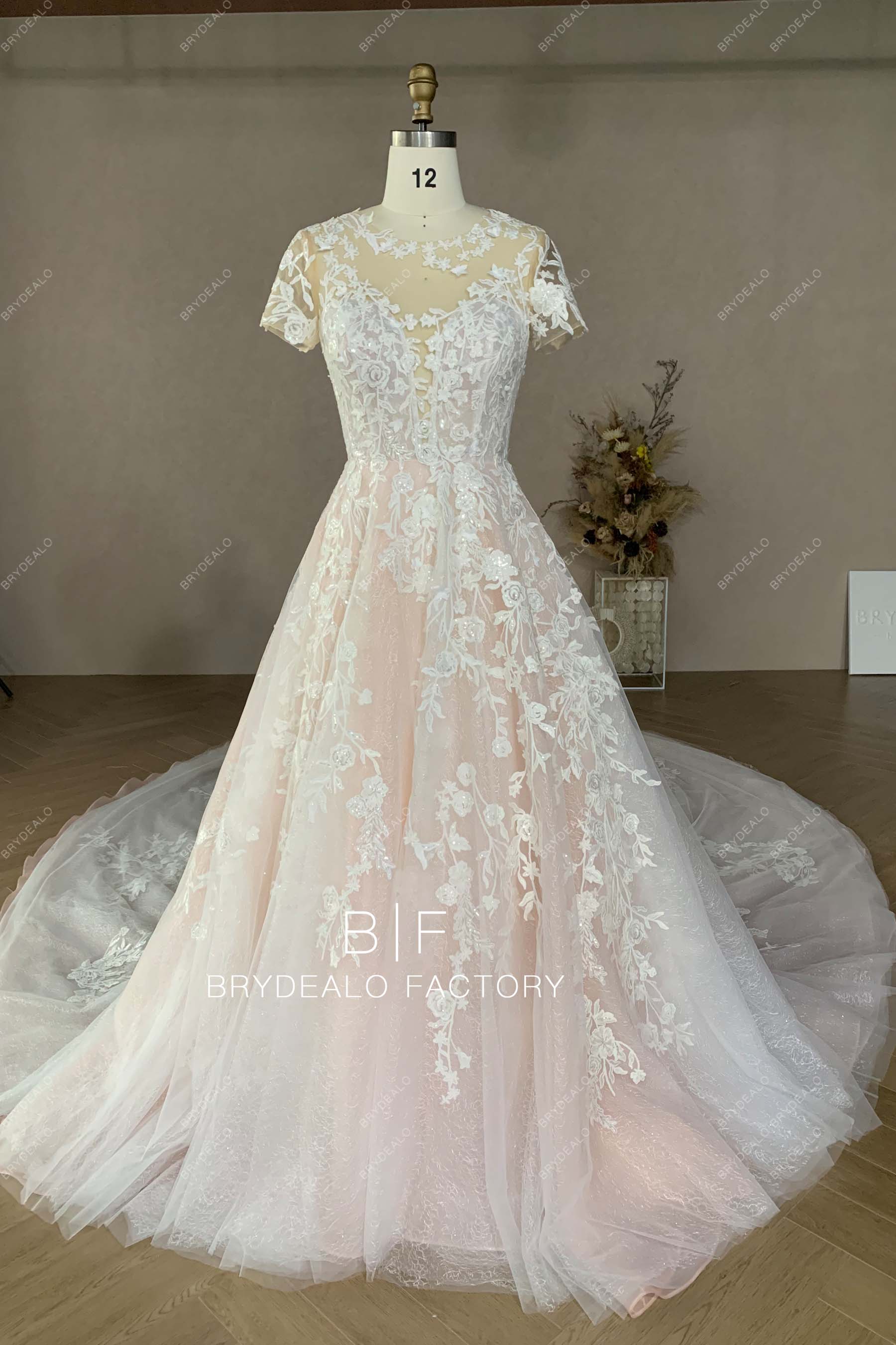 Romantic Flower Lace Sleeved Cathedral Train Wedding Dress Nude Pink, image size:1800x2700