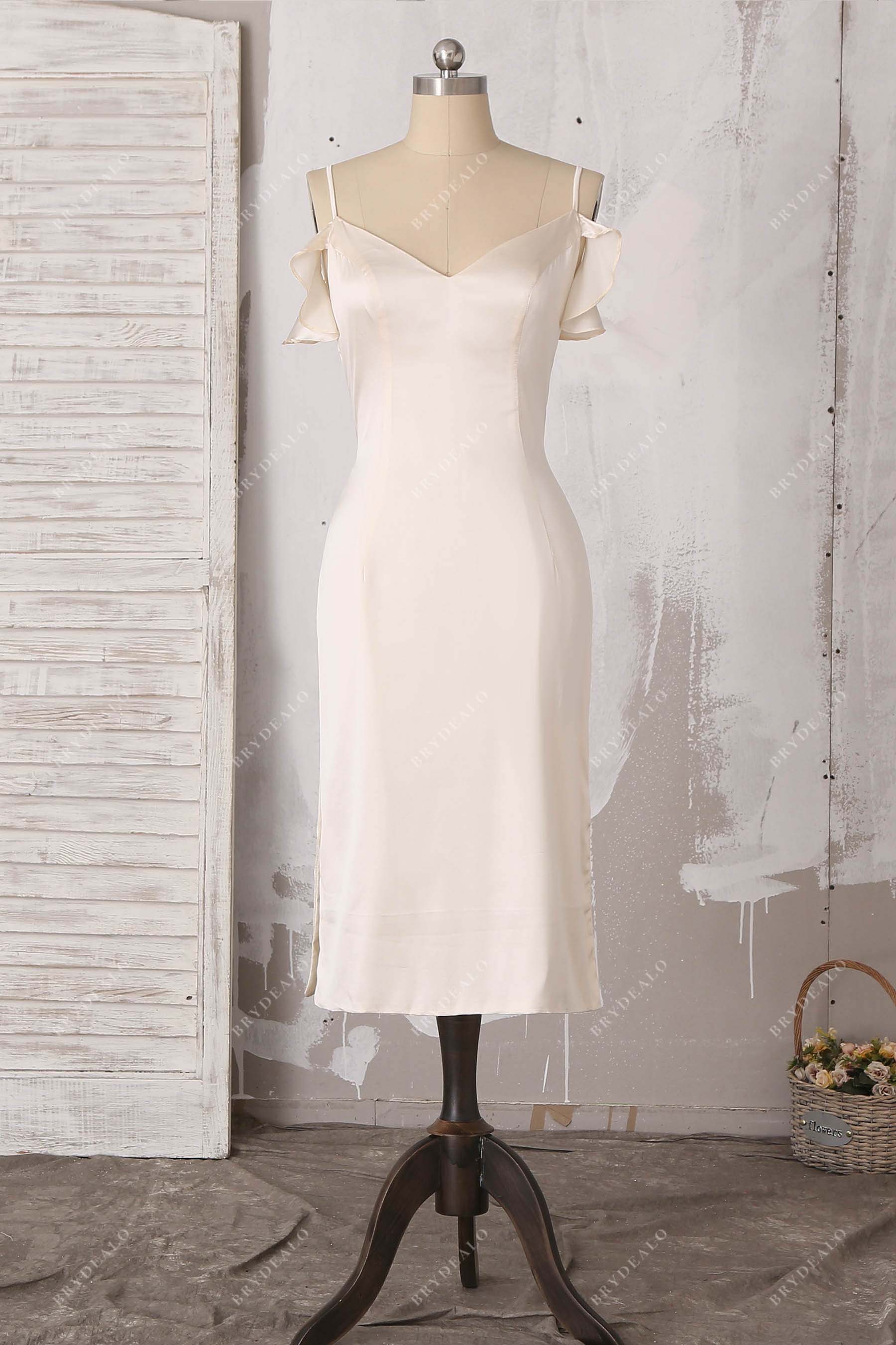 silk champagne tea length sheath bridal shower dress