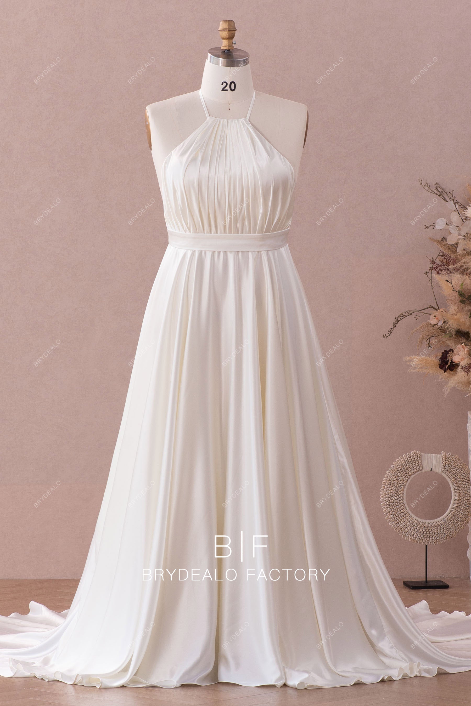 Plus Size Simple Ivory Silky Charmeuse Halter Wedding Dress Ivory