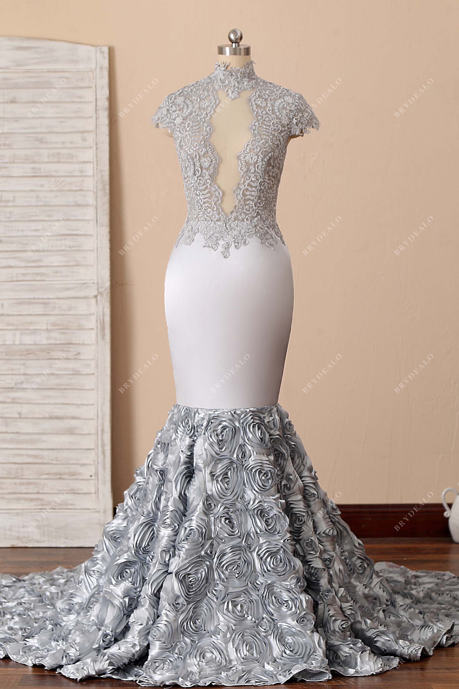 silver lace 3D roses mermaid prom dress