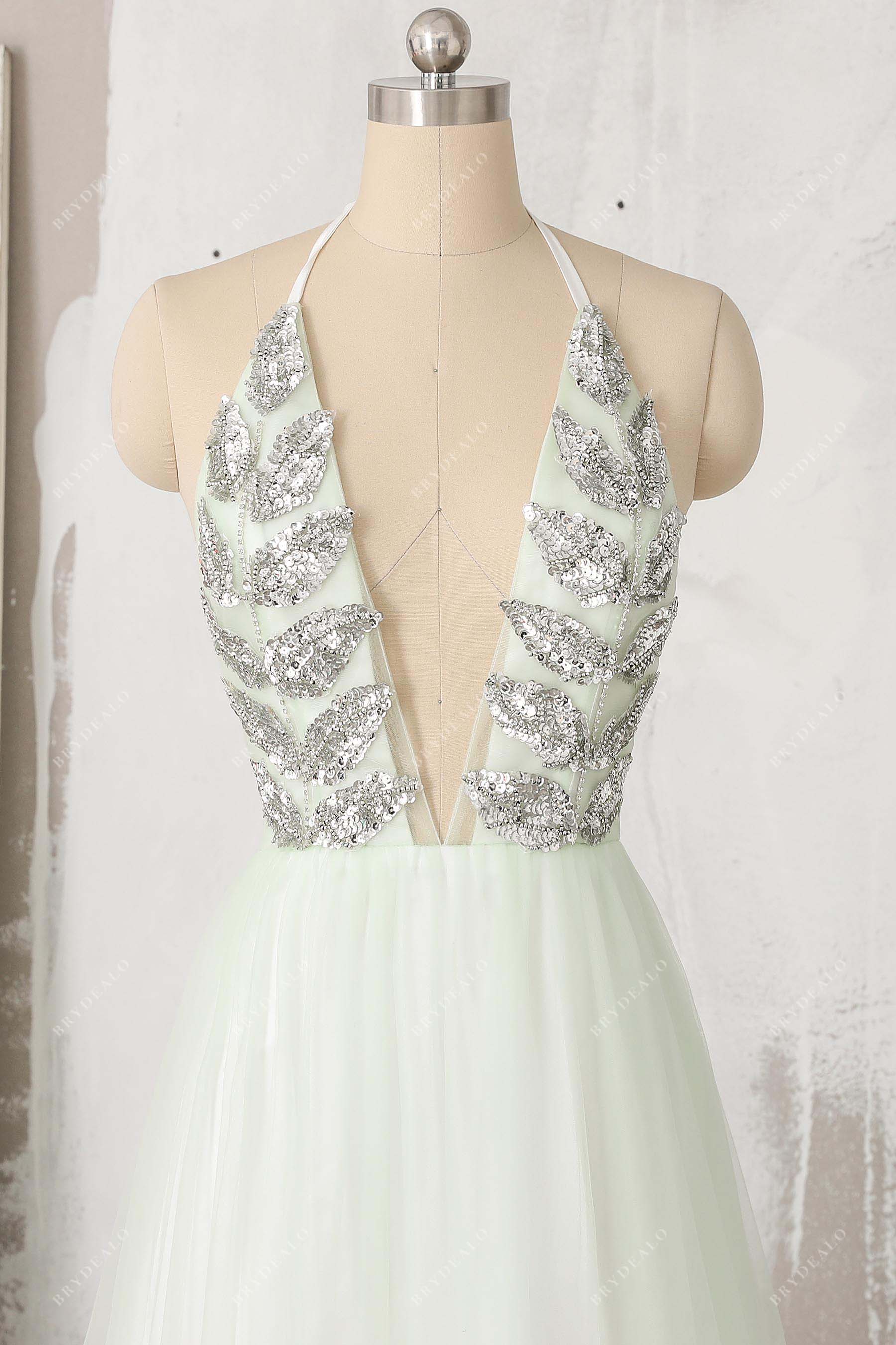 silver leaf patterned sequin plunging halter prom gown