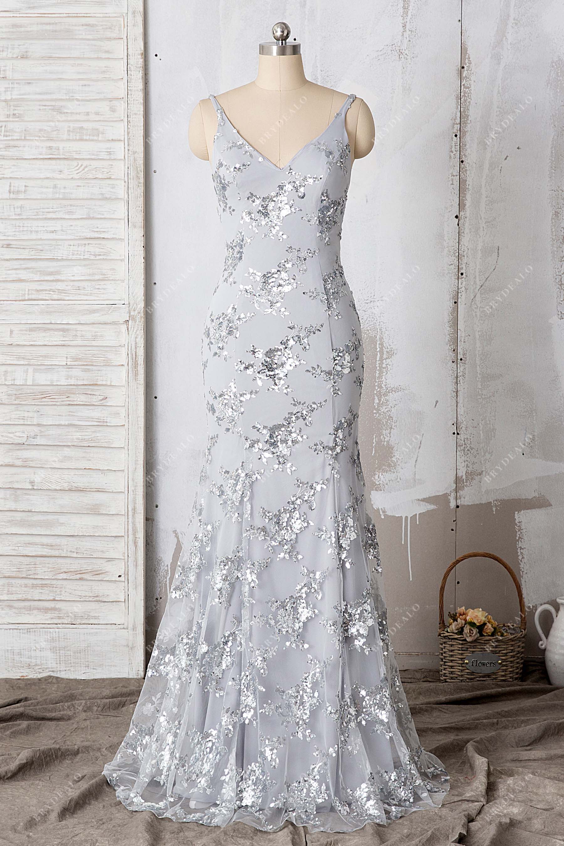 Silver Floral Glitter Sequin Gray Mermaid Prom Dress US 22/UK 24/EU 52