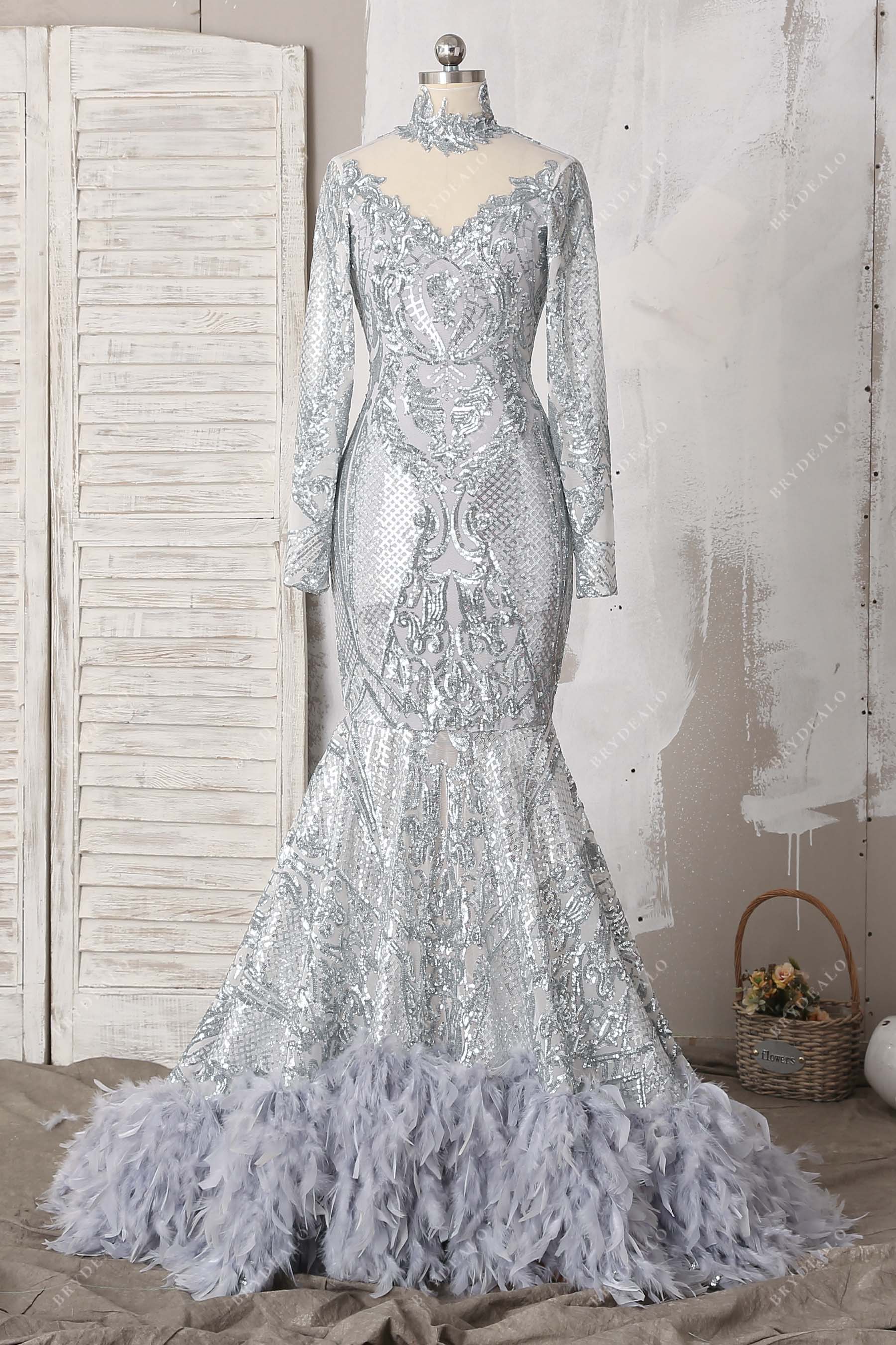 silver sequin feathers illusion neck mermaid dress
