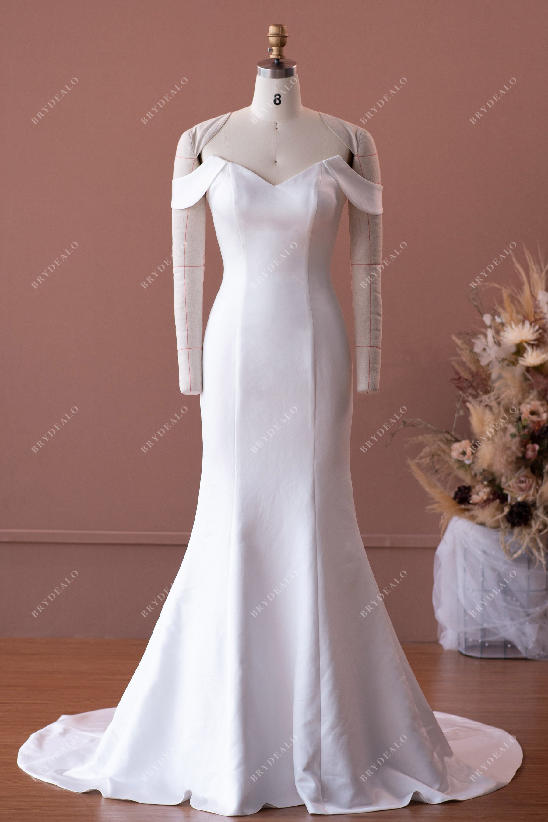 simple off shoulder satin mermaid wedding dress