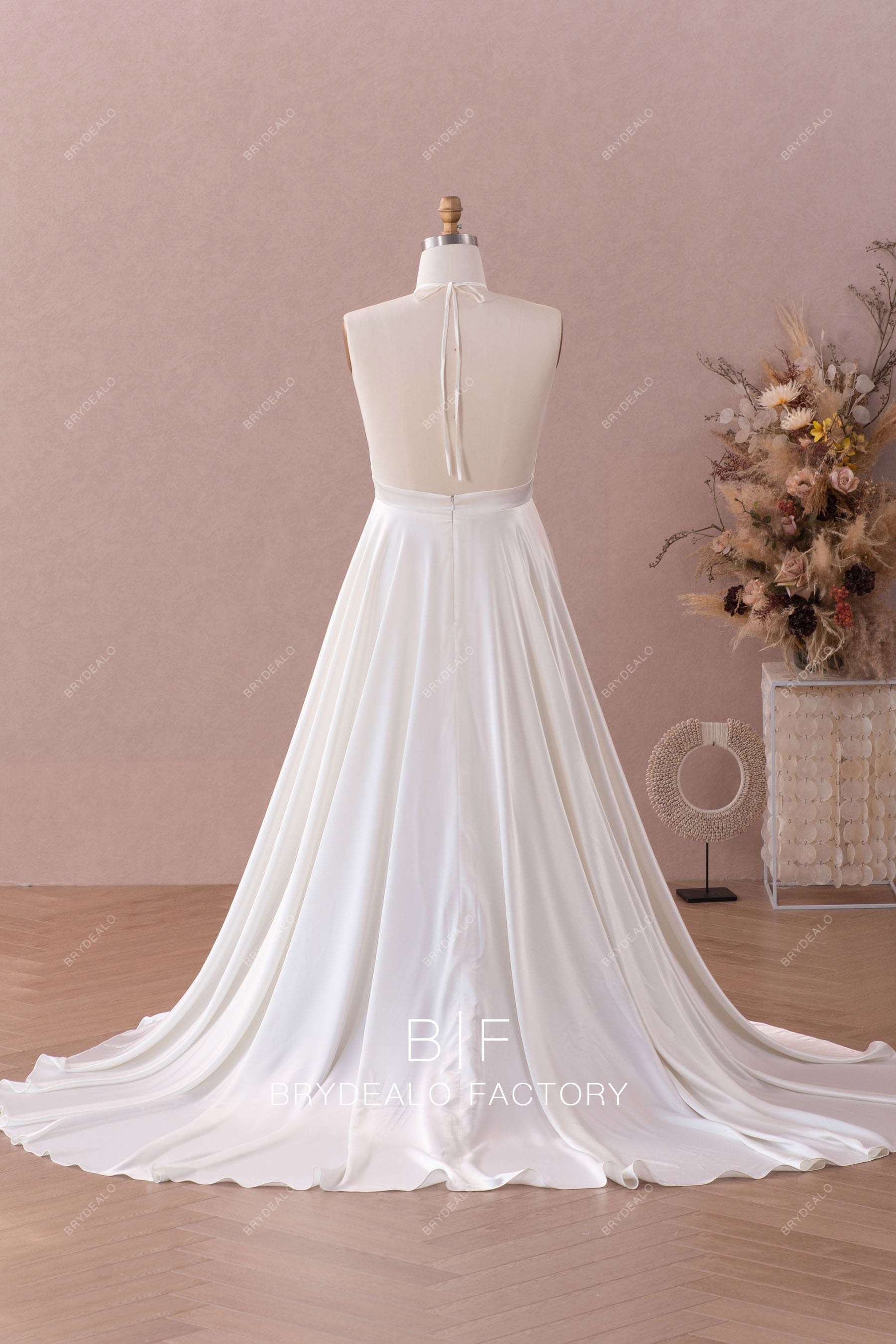 simple open back long silky satin wedding dress
