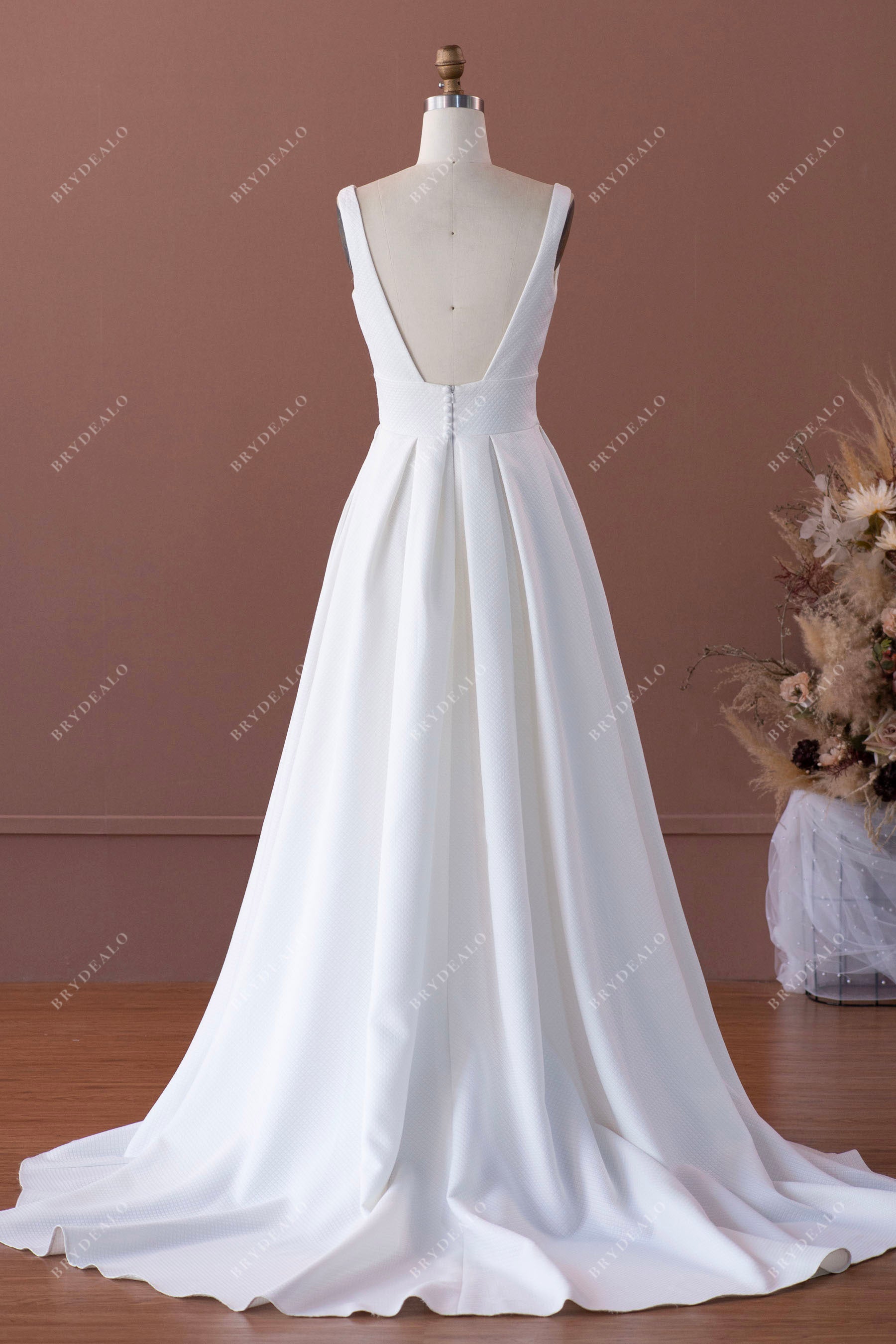 simple straps open back A-line wedding dress