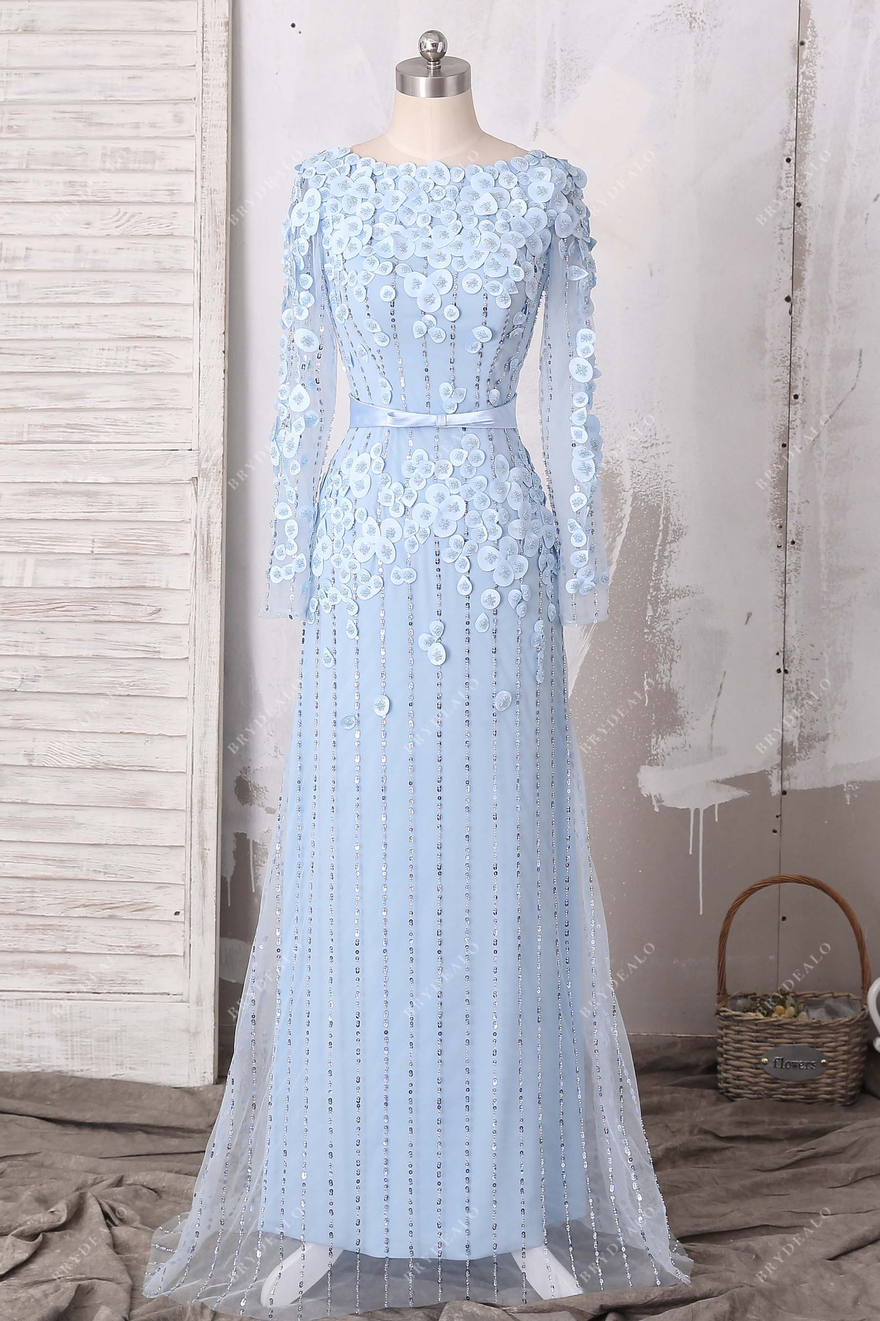 sky blue 3D petals beaded fit and flare bridal dress