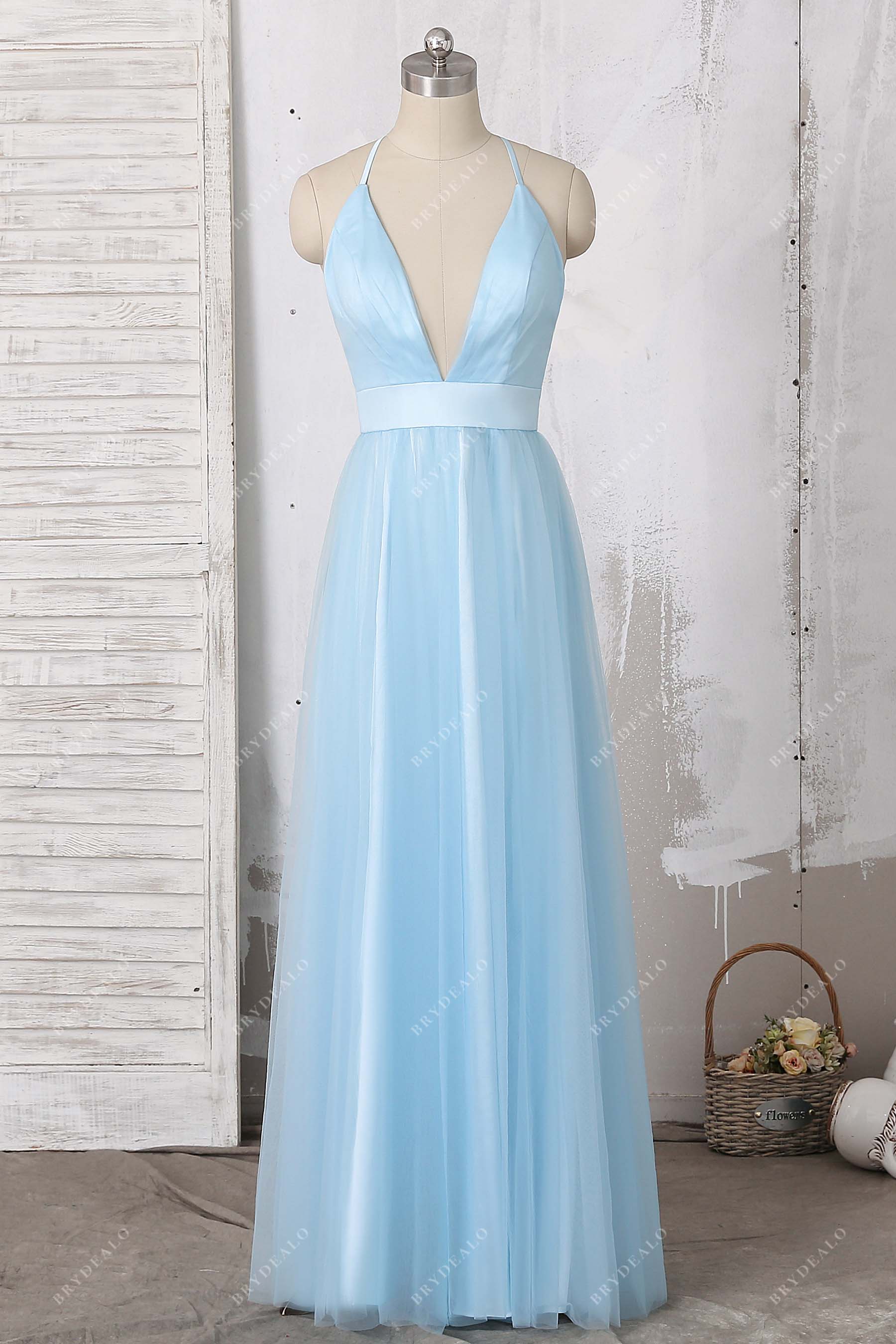 open lace back dress Modest Mermaid Spaghetti Straps Light Sky Blue Long Prom Dresses Party –  Frisco Dresses main image 0
