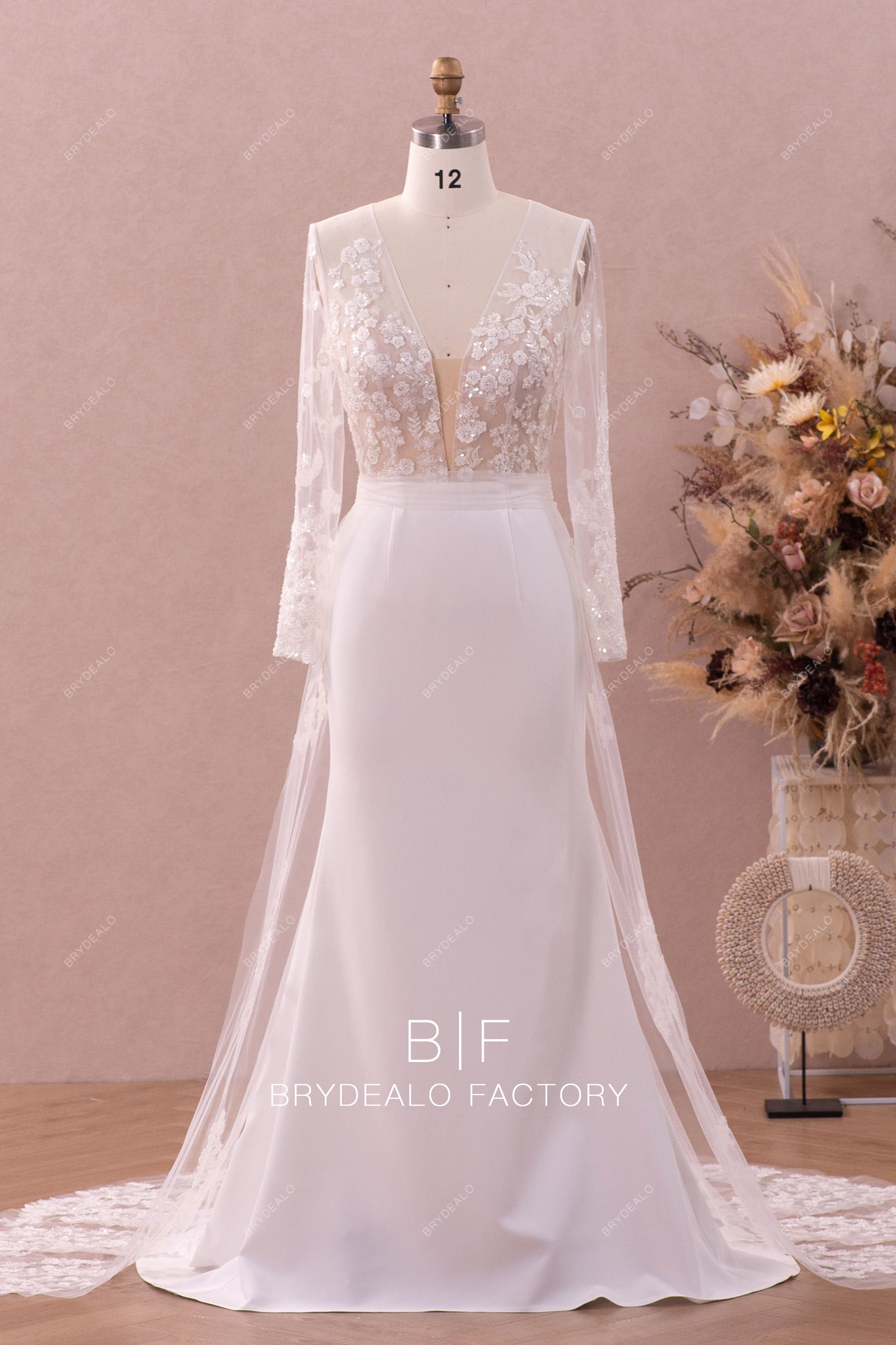 sleeved beaded lace crepe bridal gown overskirt