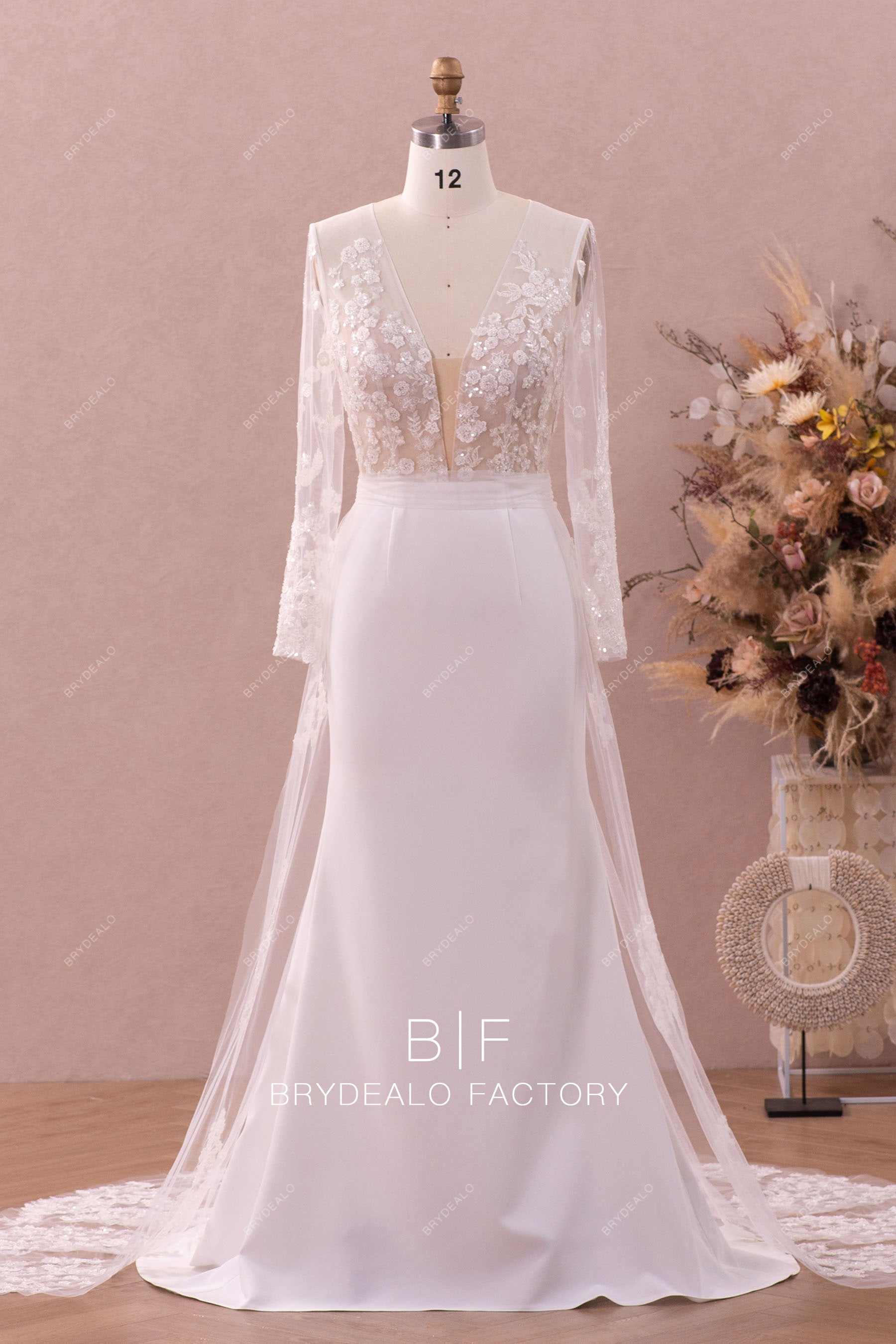 Beaded Lace Crepe Detachable Overskirt Mermaid Wedding Dress
