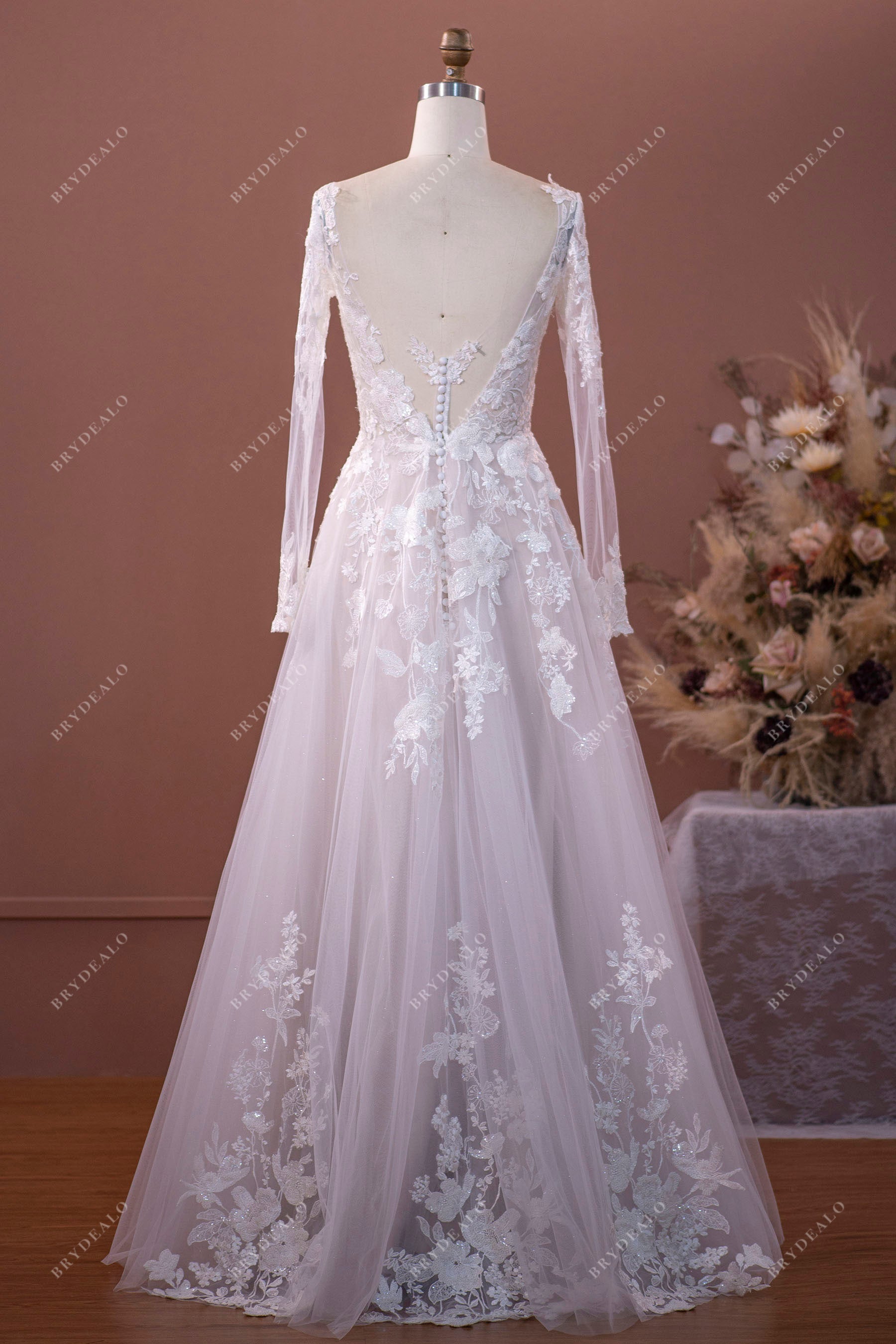 Sample Sale | Sleeved Plunging Floor Length Wedding Dress