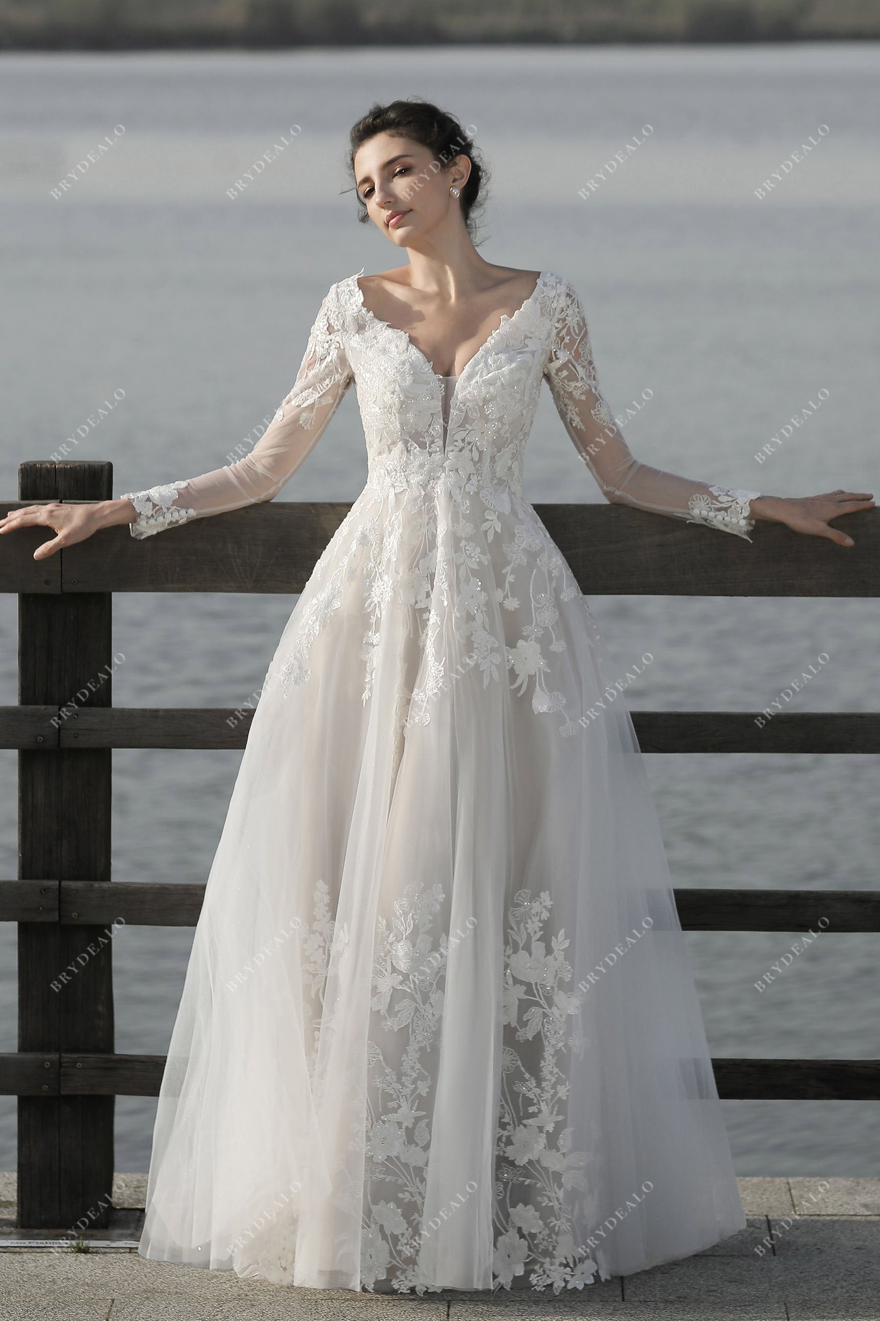 Sleeved Plunging Floor Length Wedding Dress