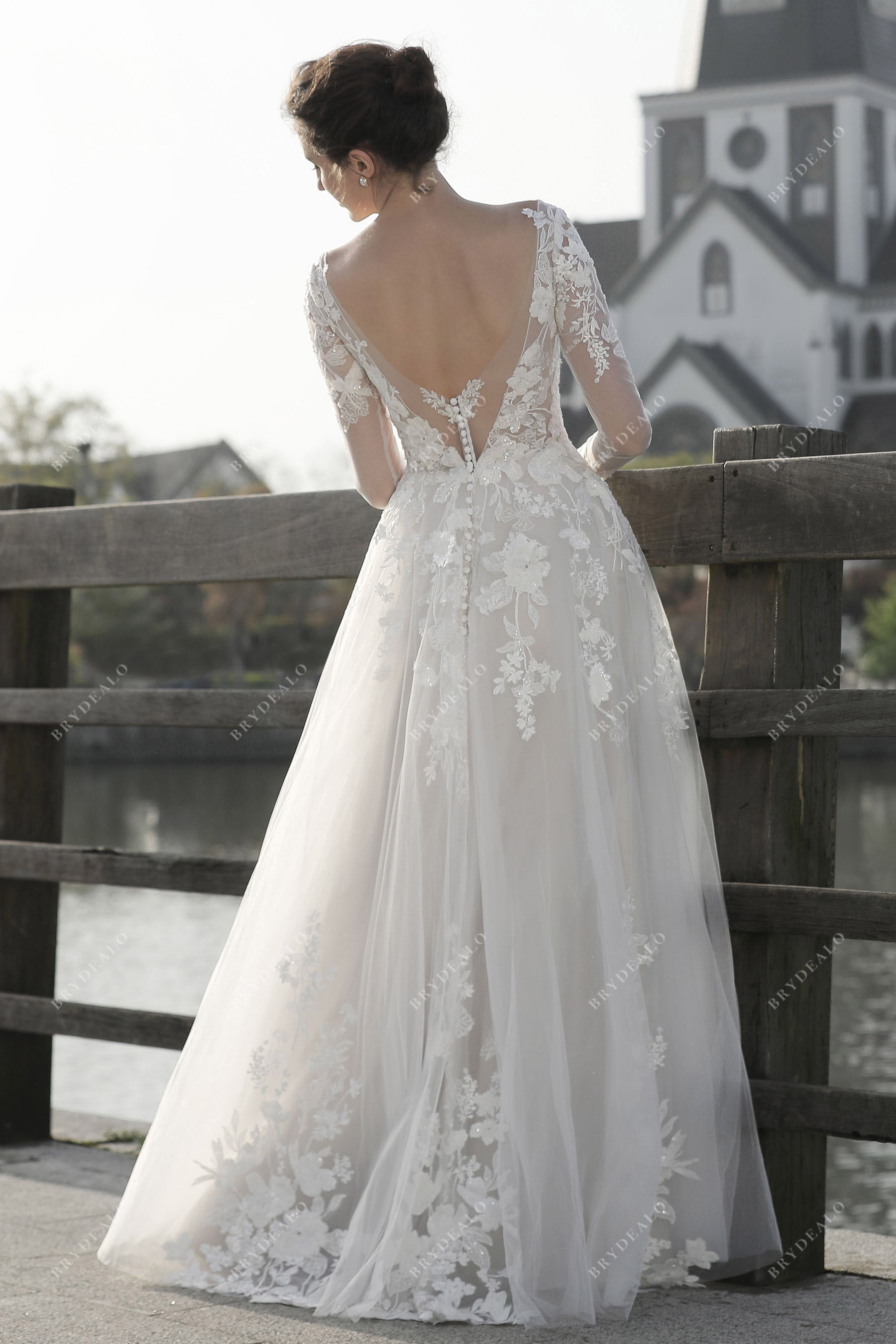 Sleeved V-back Floor Length Wedding Dress