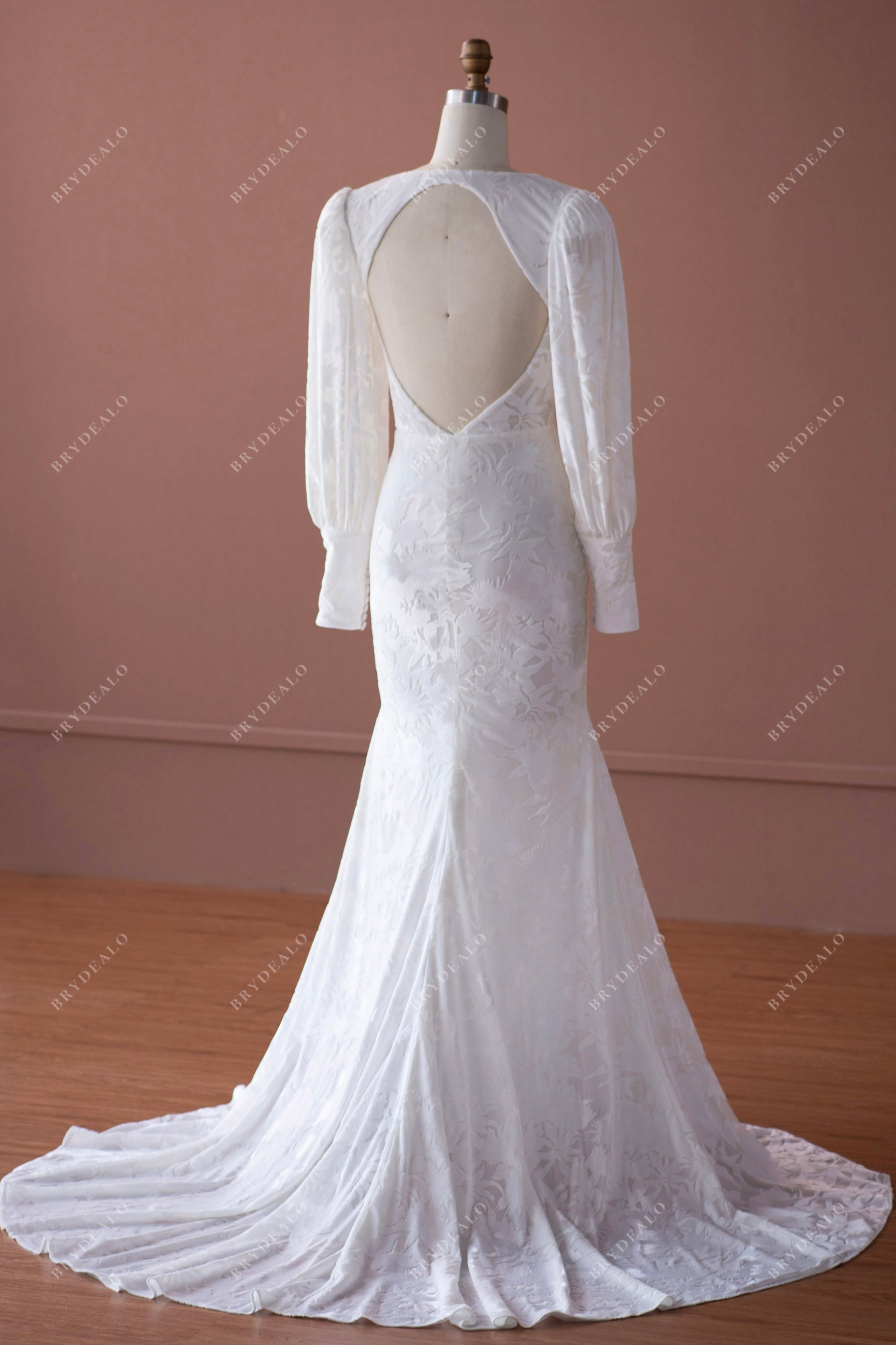 sleeved open back long fit flare velvet wedding dress