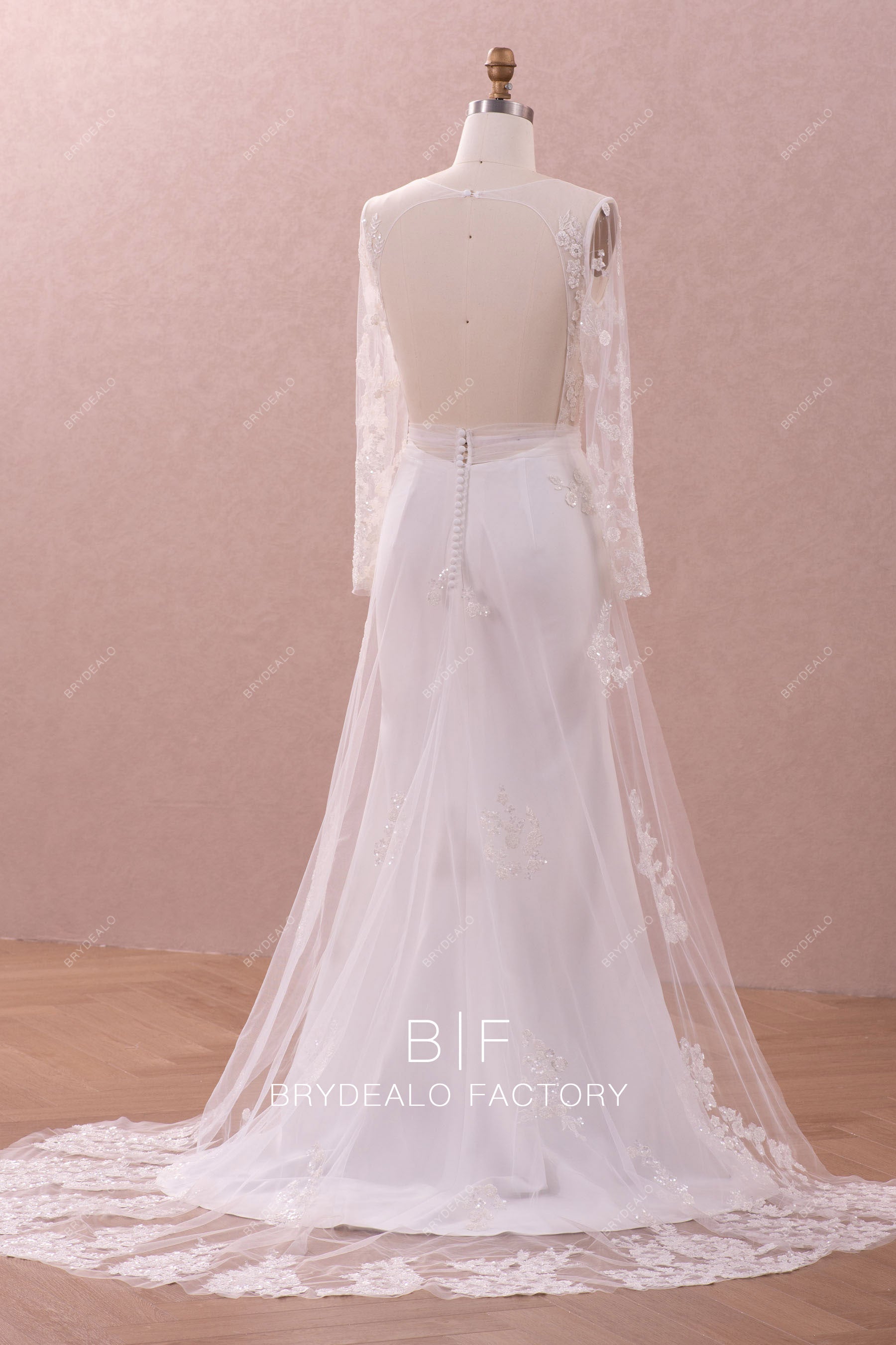 sleeved open wedding dress with overskirt