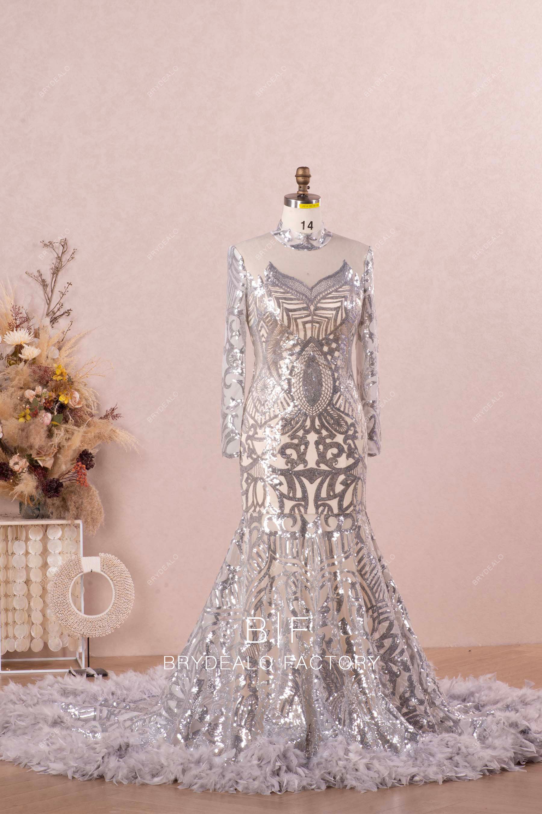 sleeved patterned sequin feather prom dress