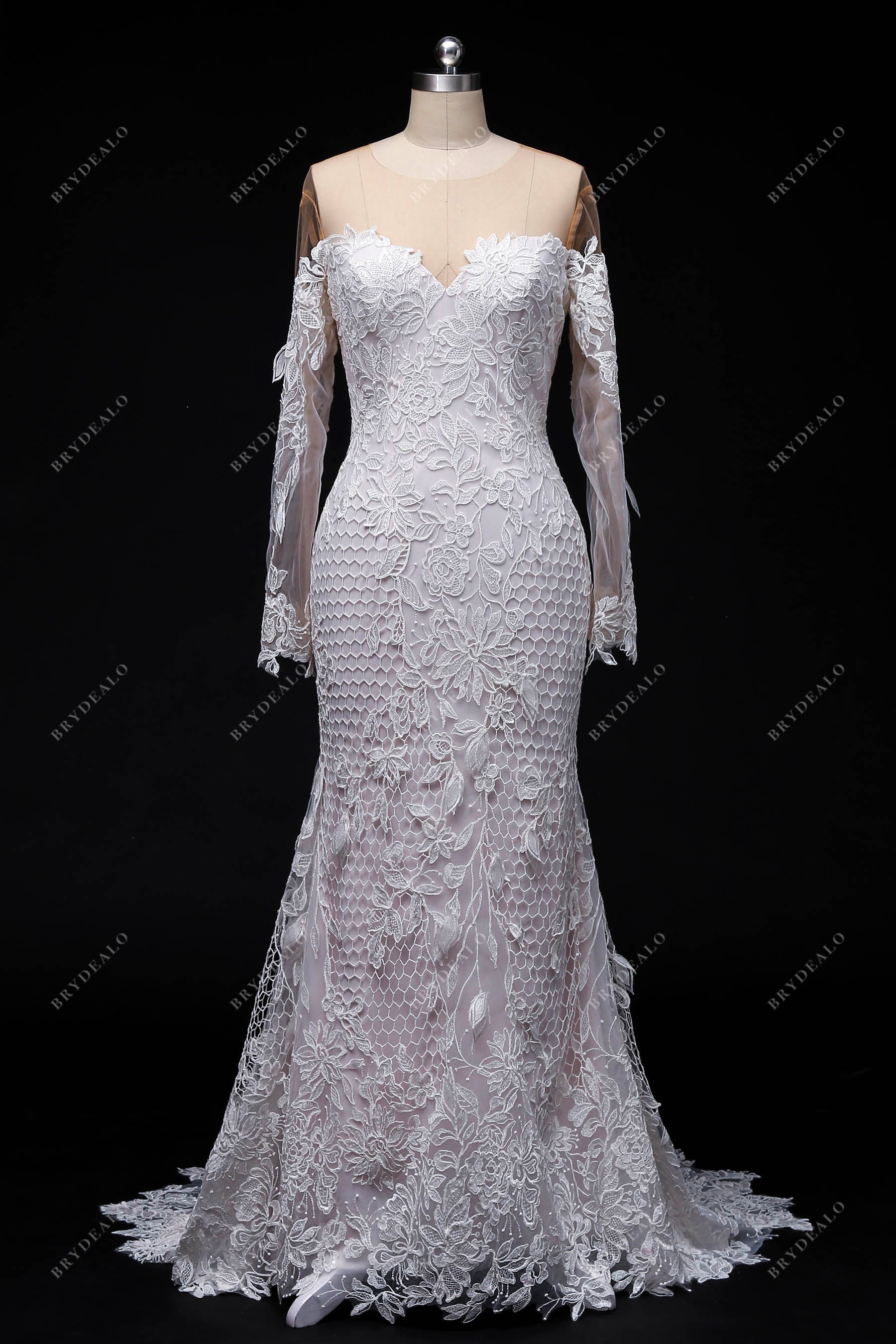 sleeved plant lace mermaid wedding dress
