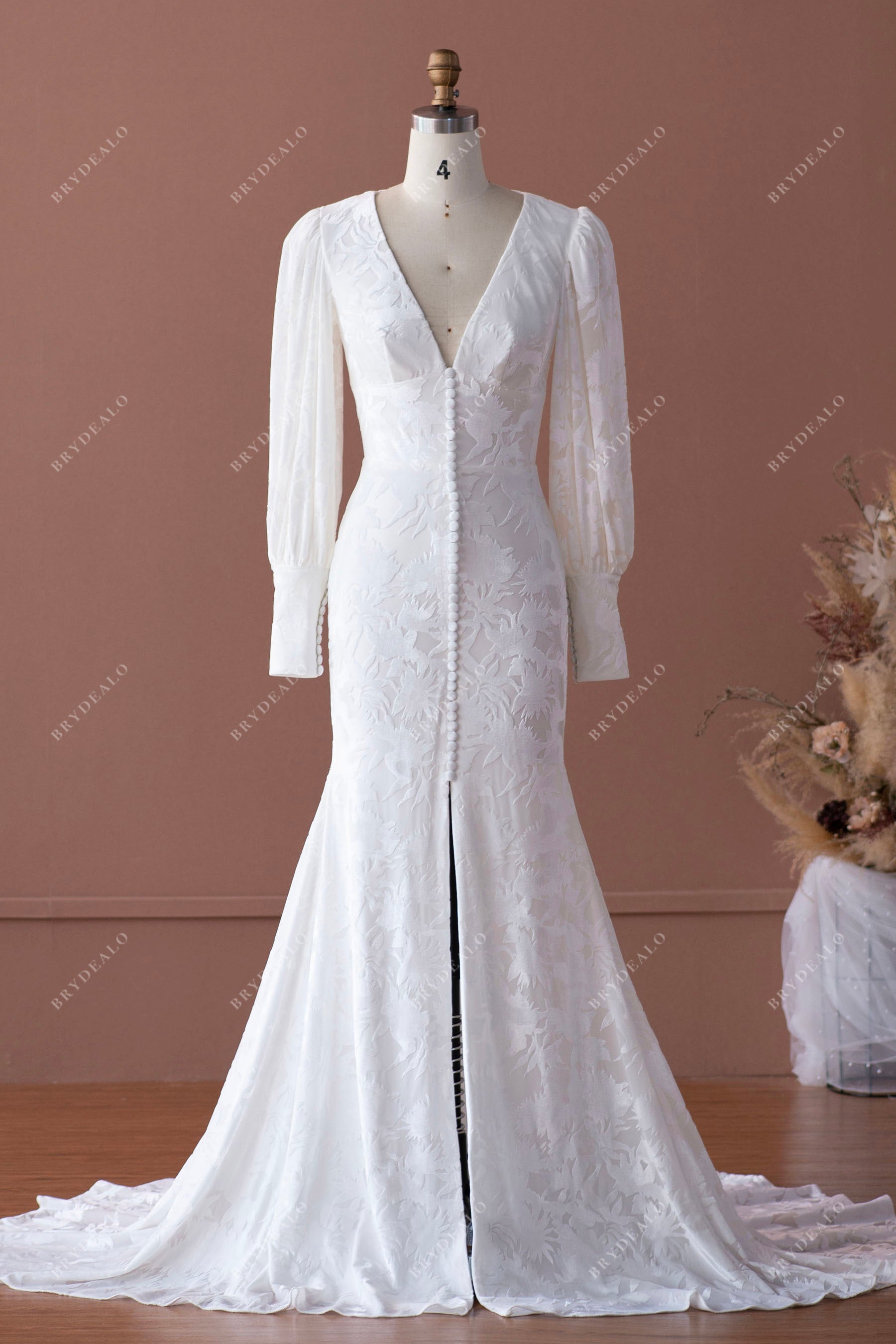 sleeved vintage velvet buttoned wedding dress
