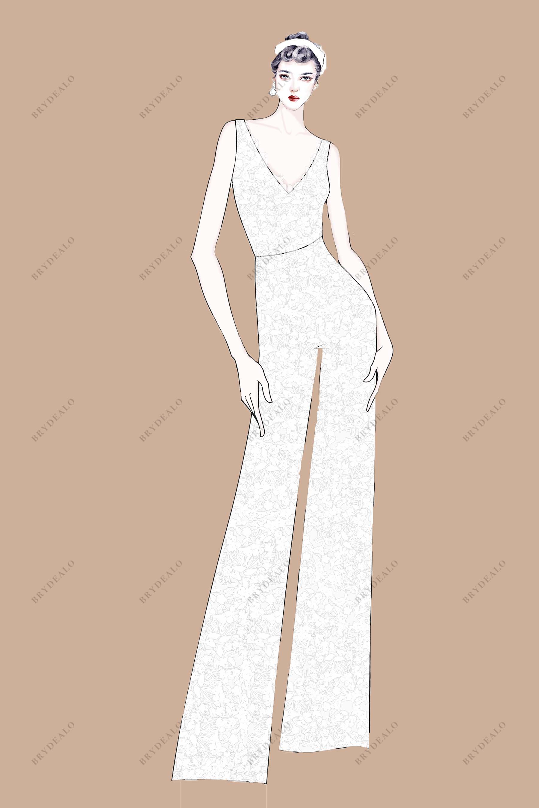 sleeveless V-neck lace wedding jumpsuit sketch