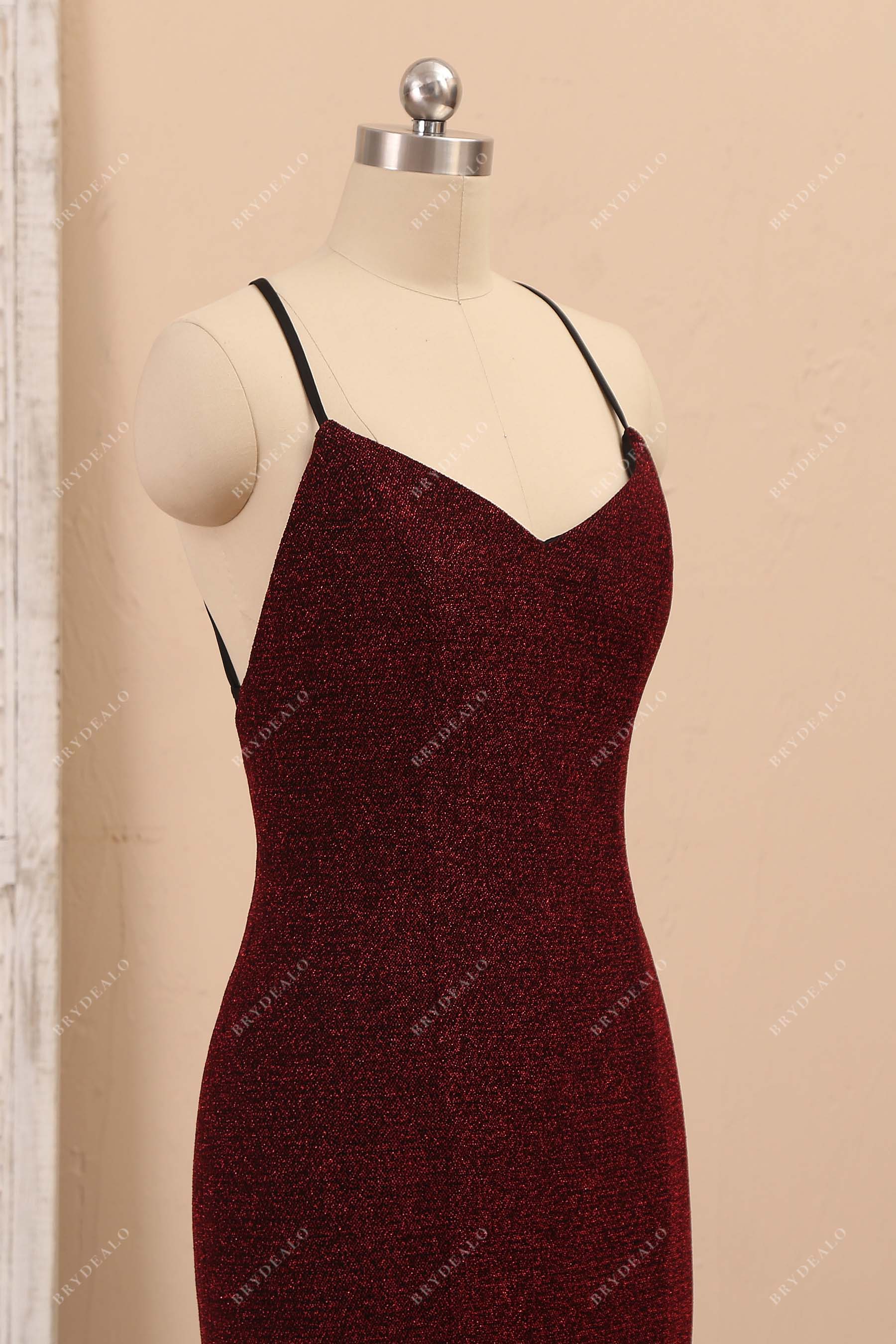 sleeveless glitter burgundy prom dress