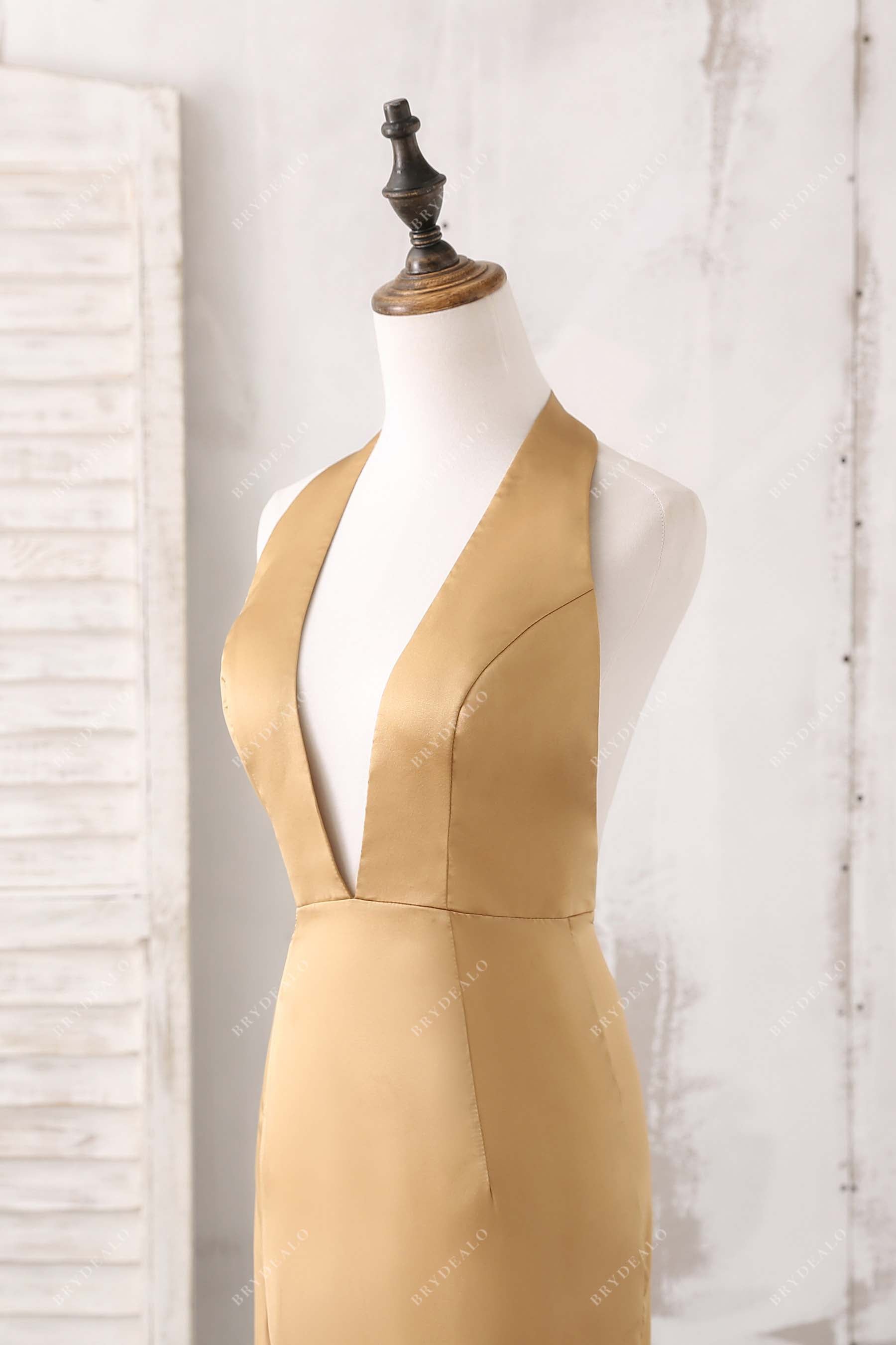 sleeveless gold satin prom dress