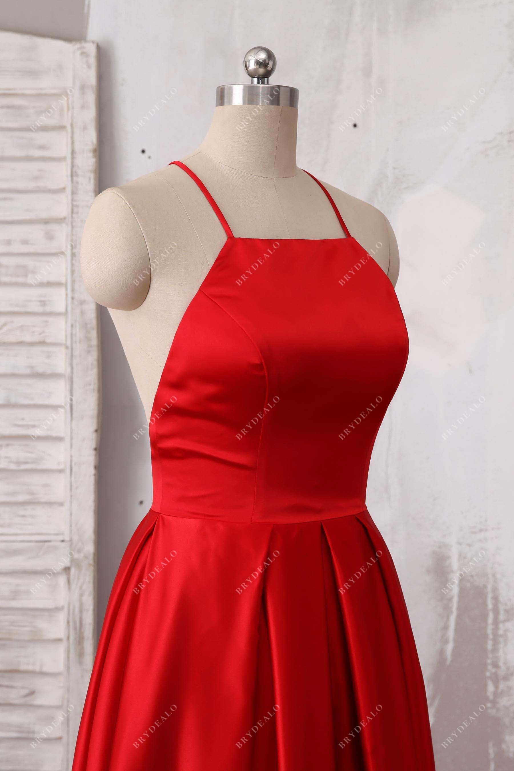 sleeveless halter satin prom dress