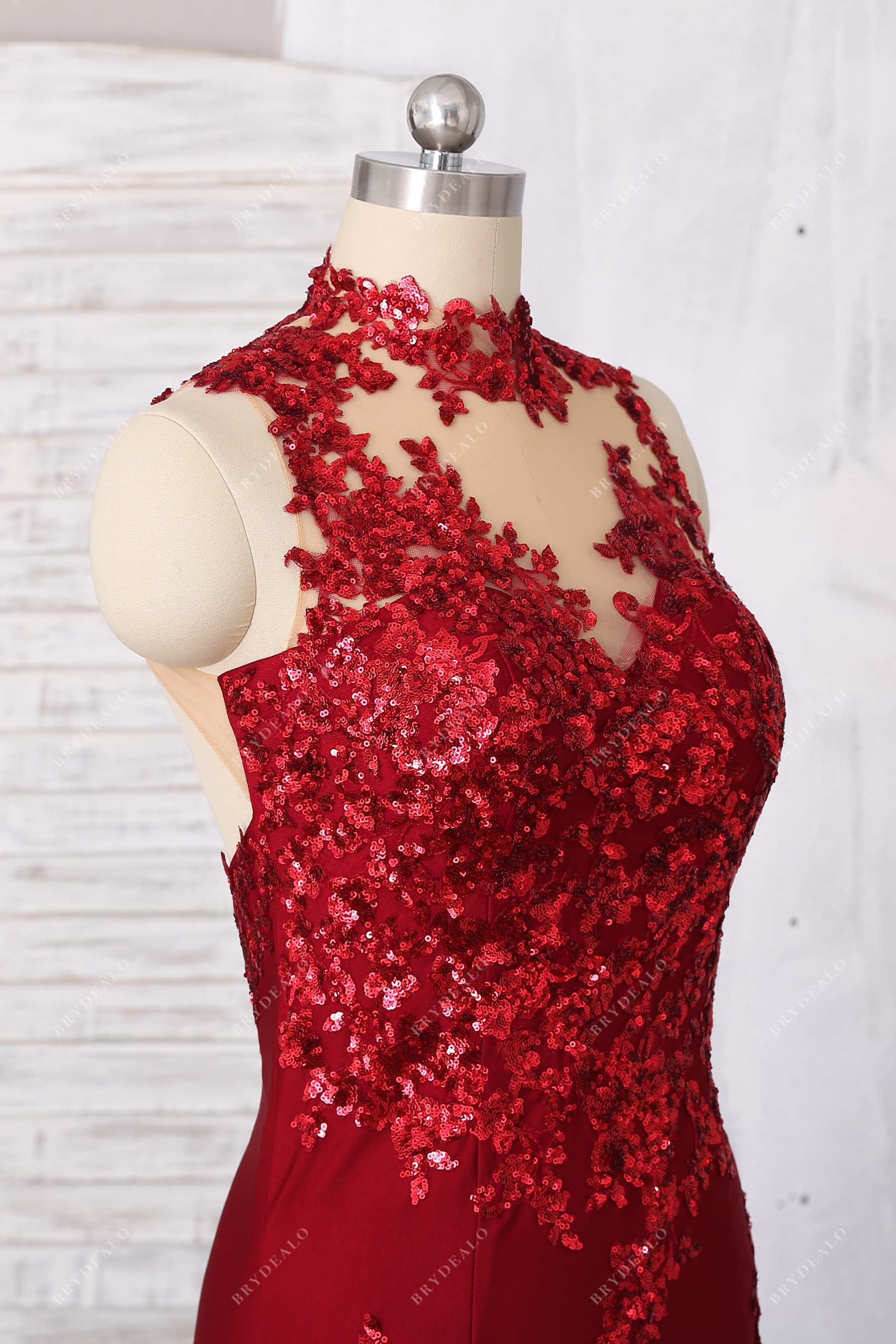 sleeveless illusion high neck burgundy bodice
