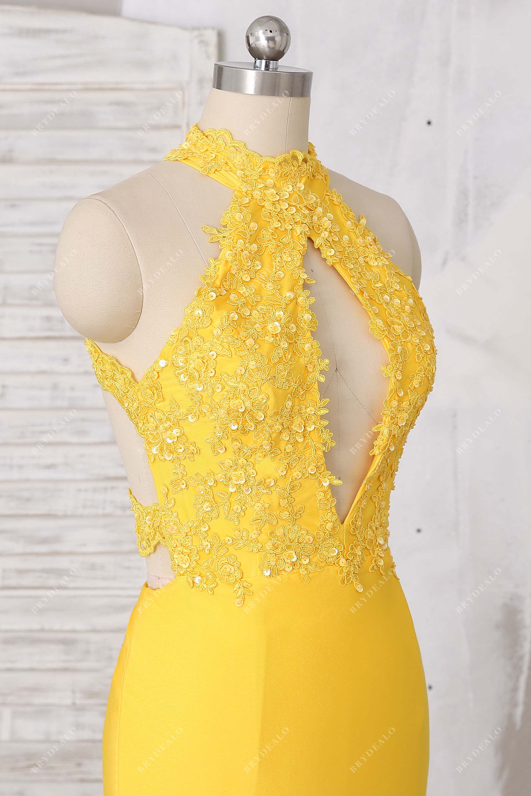 sleeveless lace jersey keyhole prom gown