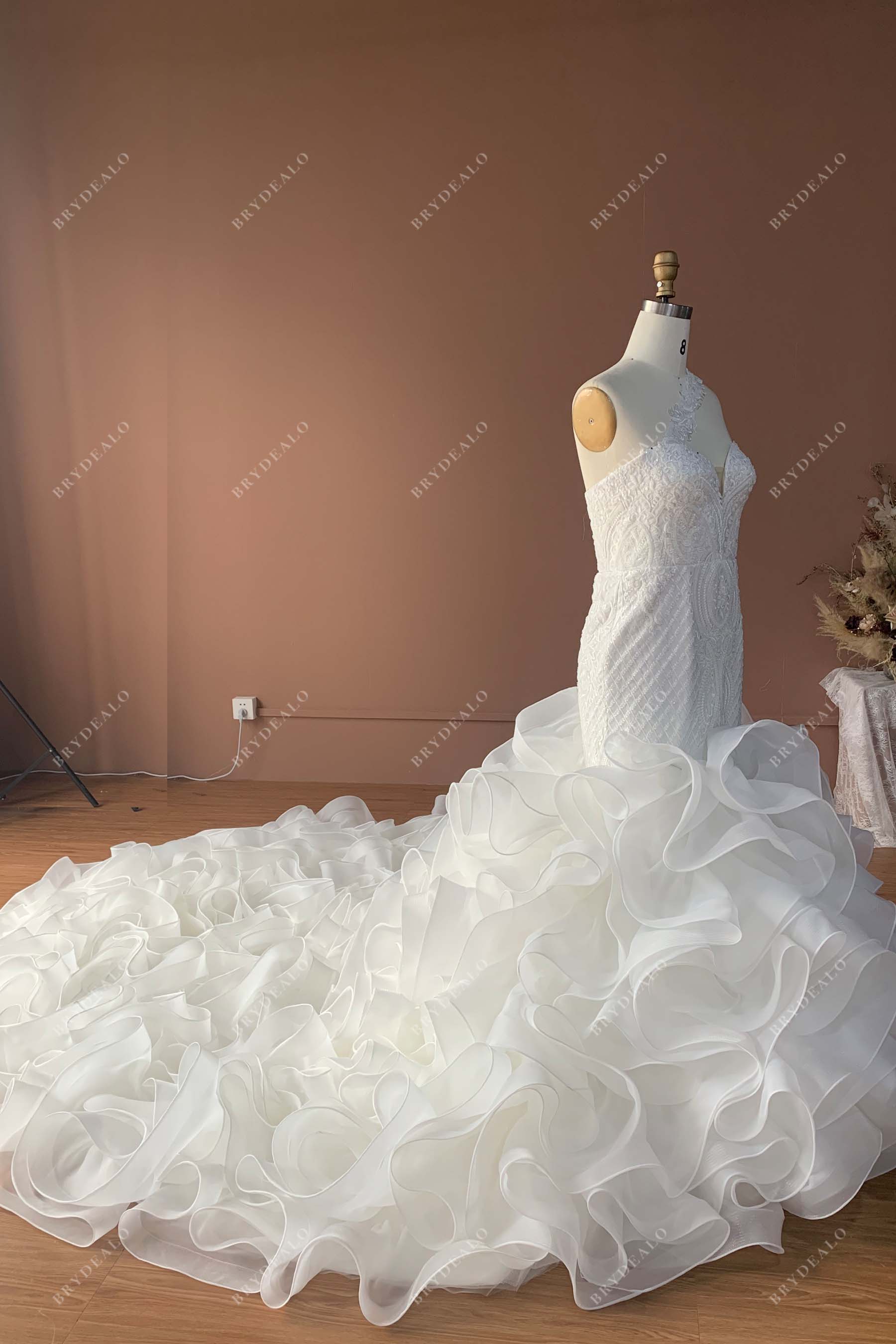 sleeveless long ruffled organza train trumpet wedding dress