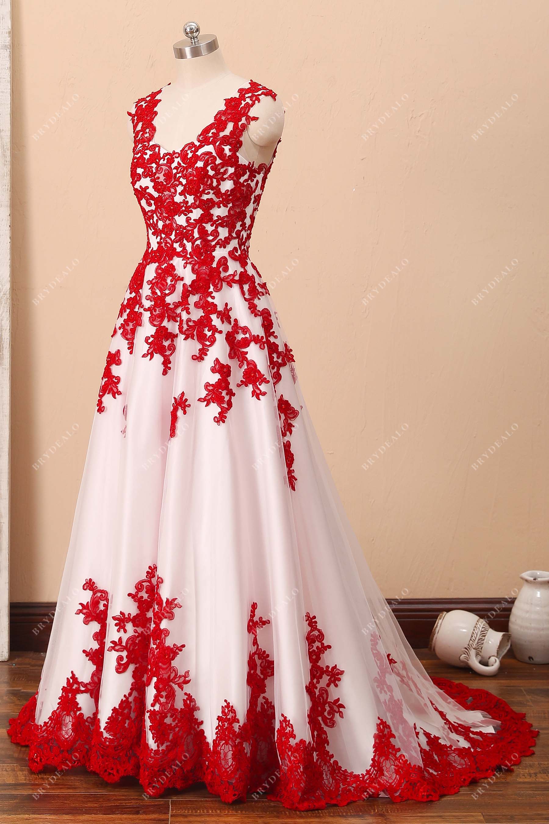 sleeveless red lace strap A-line bridal dress