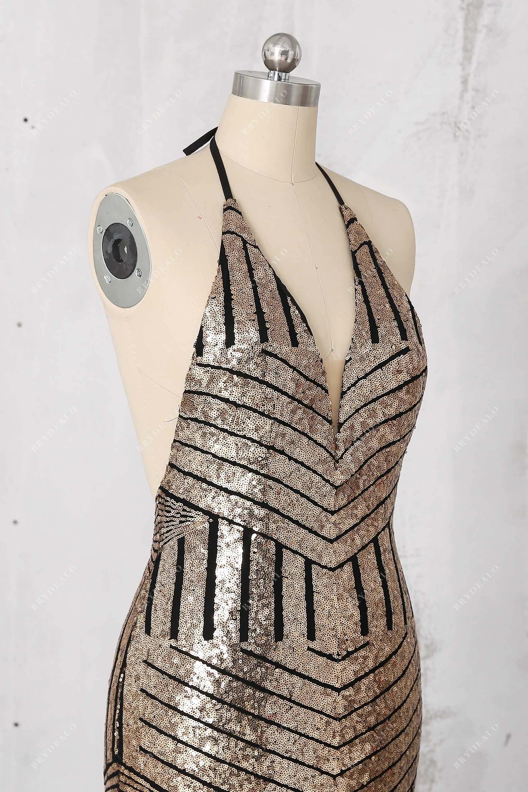 sleeveless stripe sequin prom gown