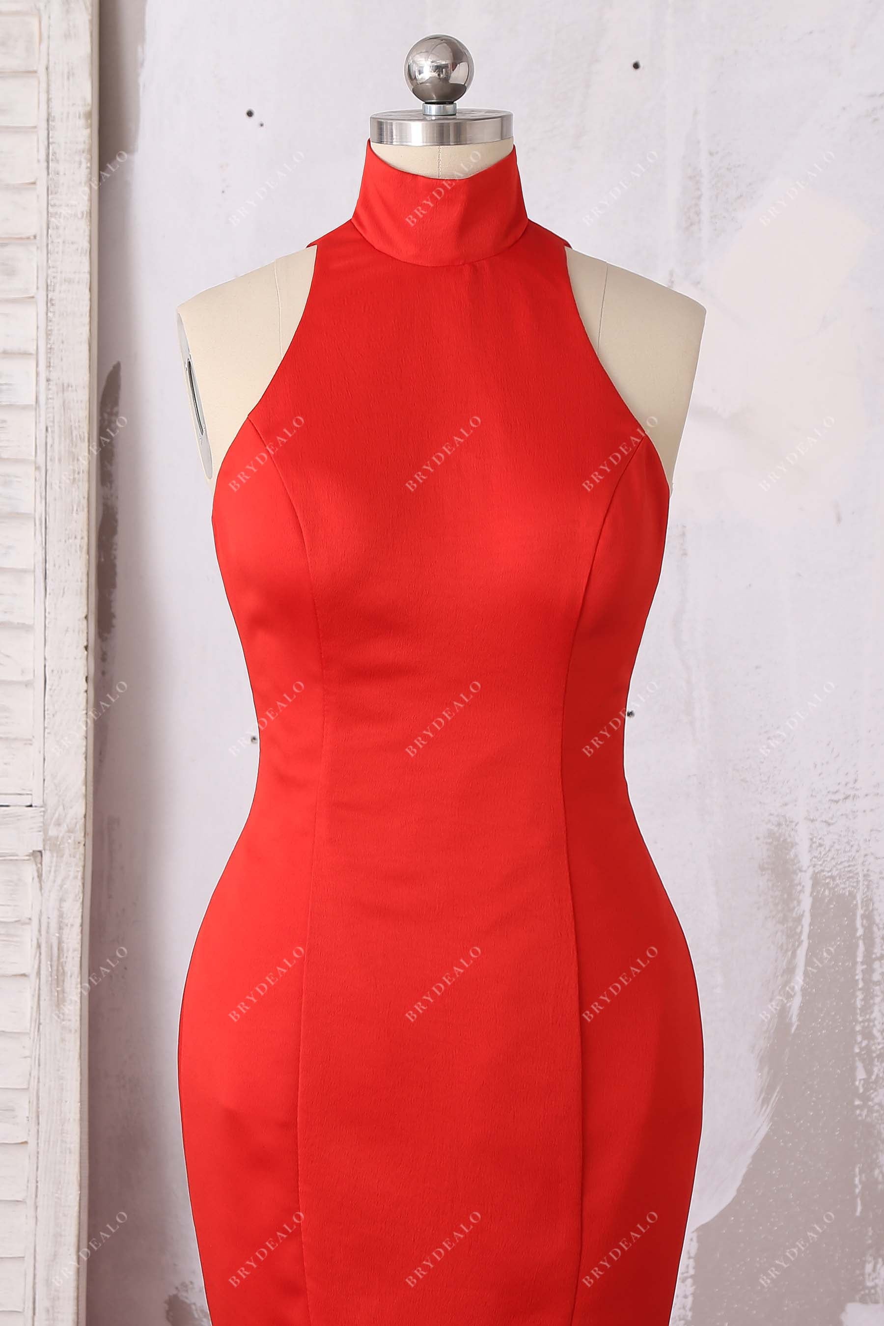 sleeveless turtle neck red satin dress