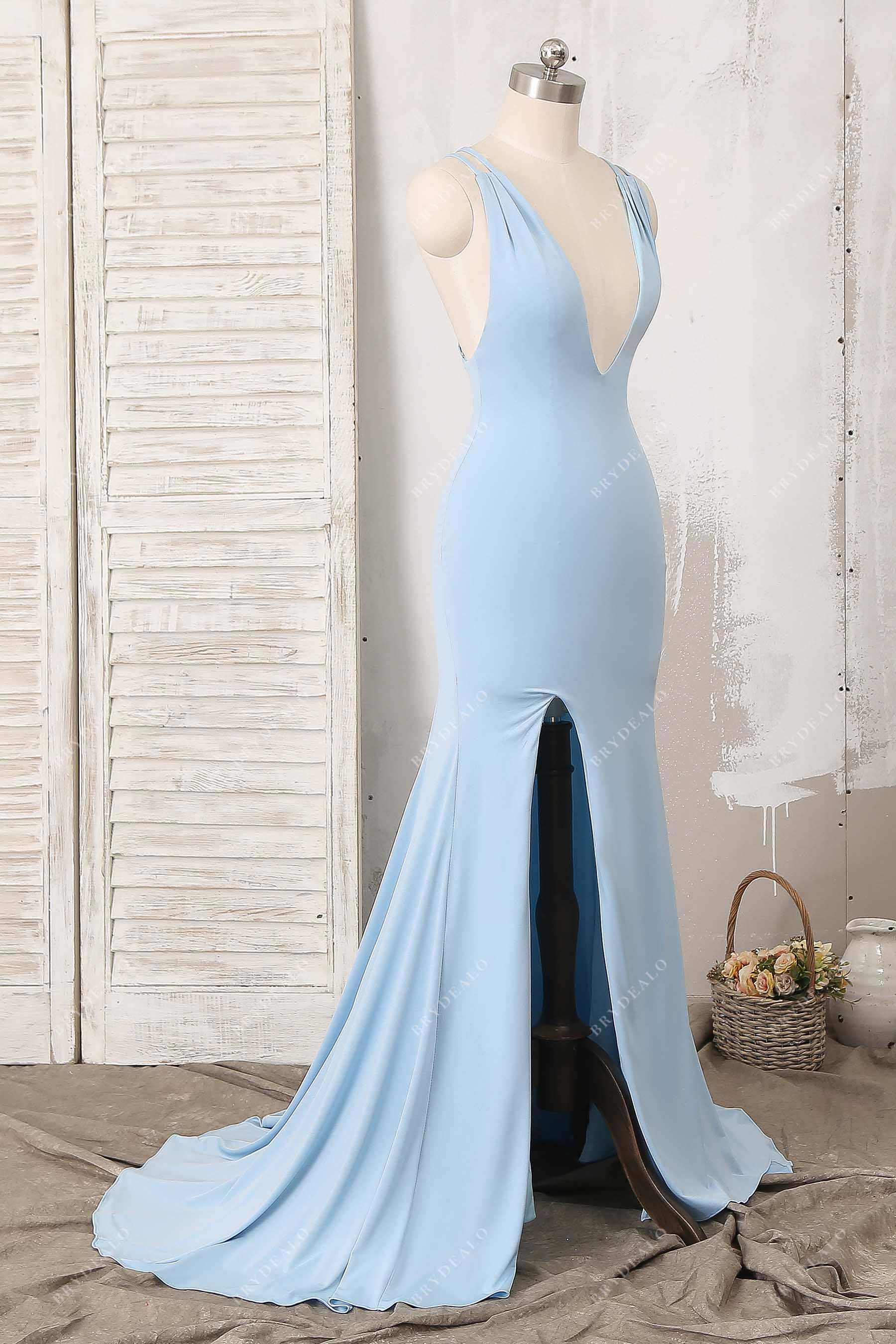 slit mermaid ice blue plunging neck prom gown