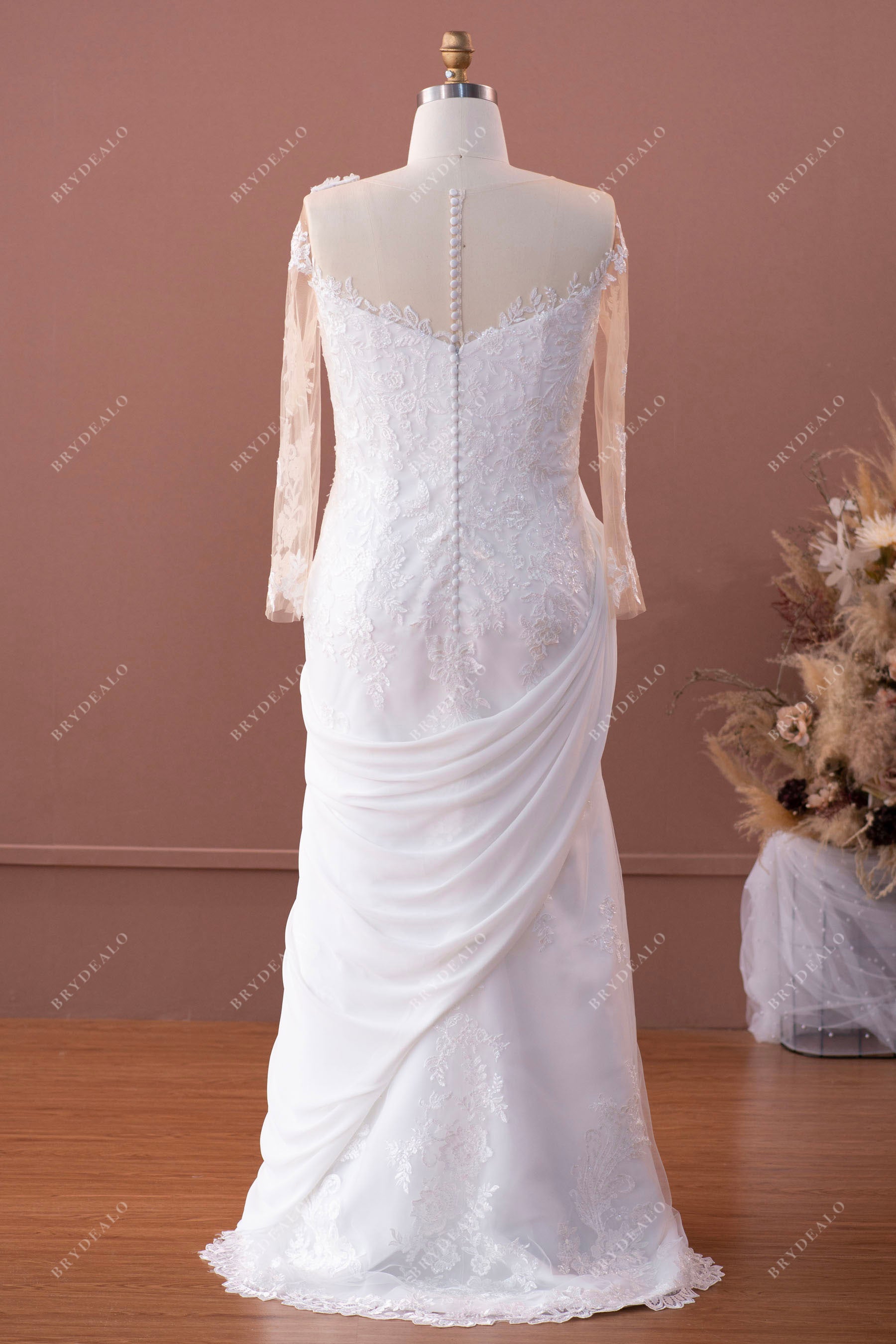 small train illusion lace wedding dress with detachable sari