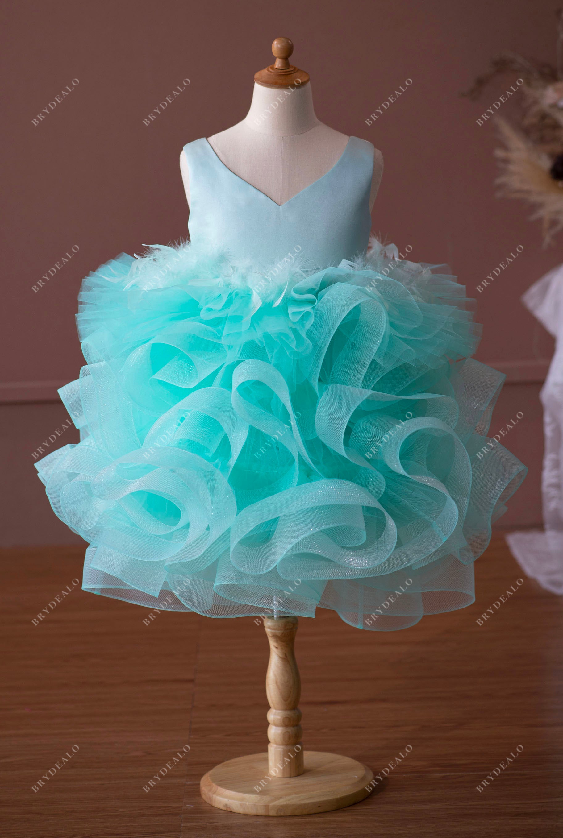 spa green color satin ruffled tulle knee length flower girl dress