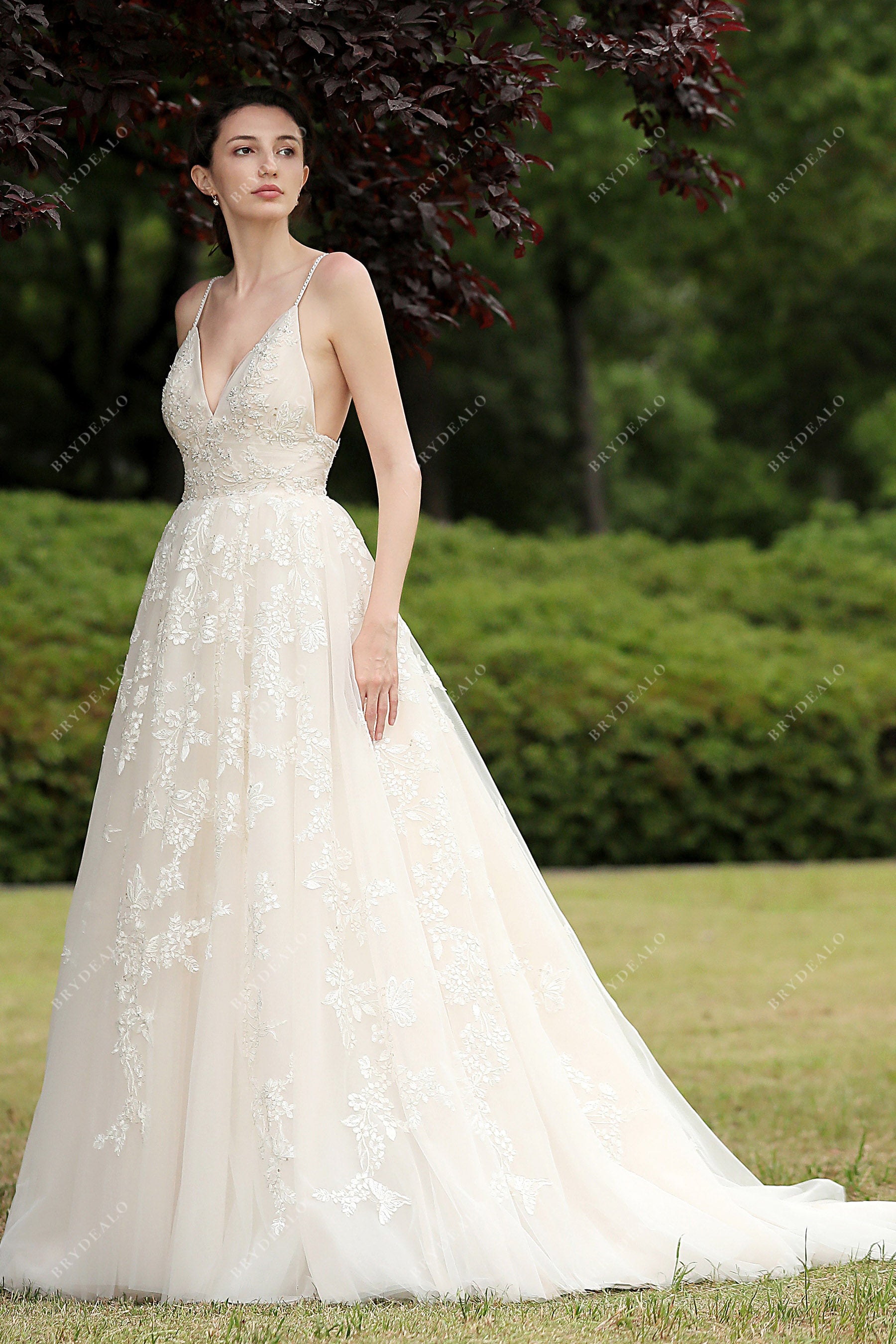 Spaghetti Strap Floral A-line Wedding Dress Light Ivory Spaghetti Strap Floral A-line Wedding Dress Light Ivory