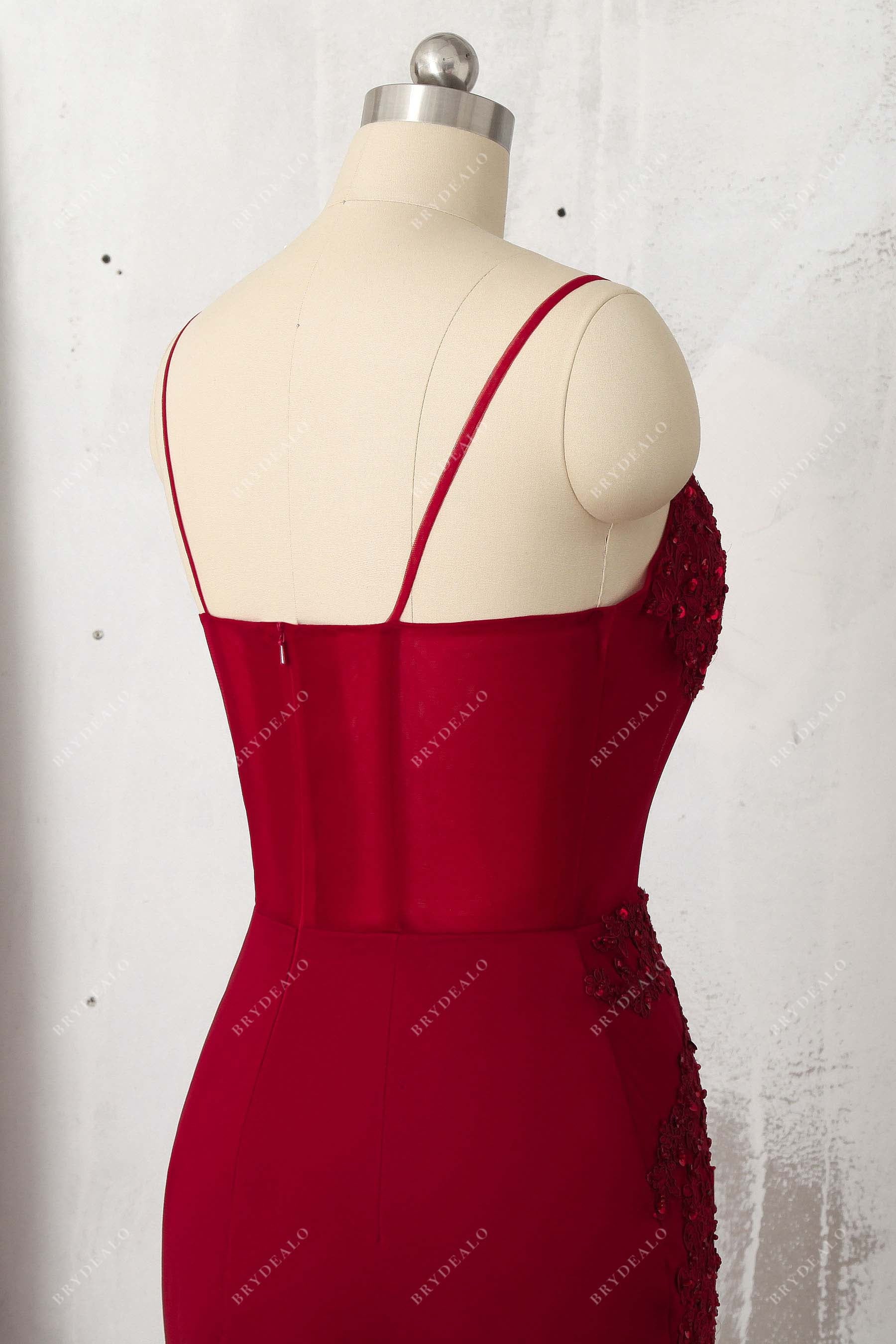 spaghetti straps open back prom gown