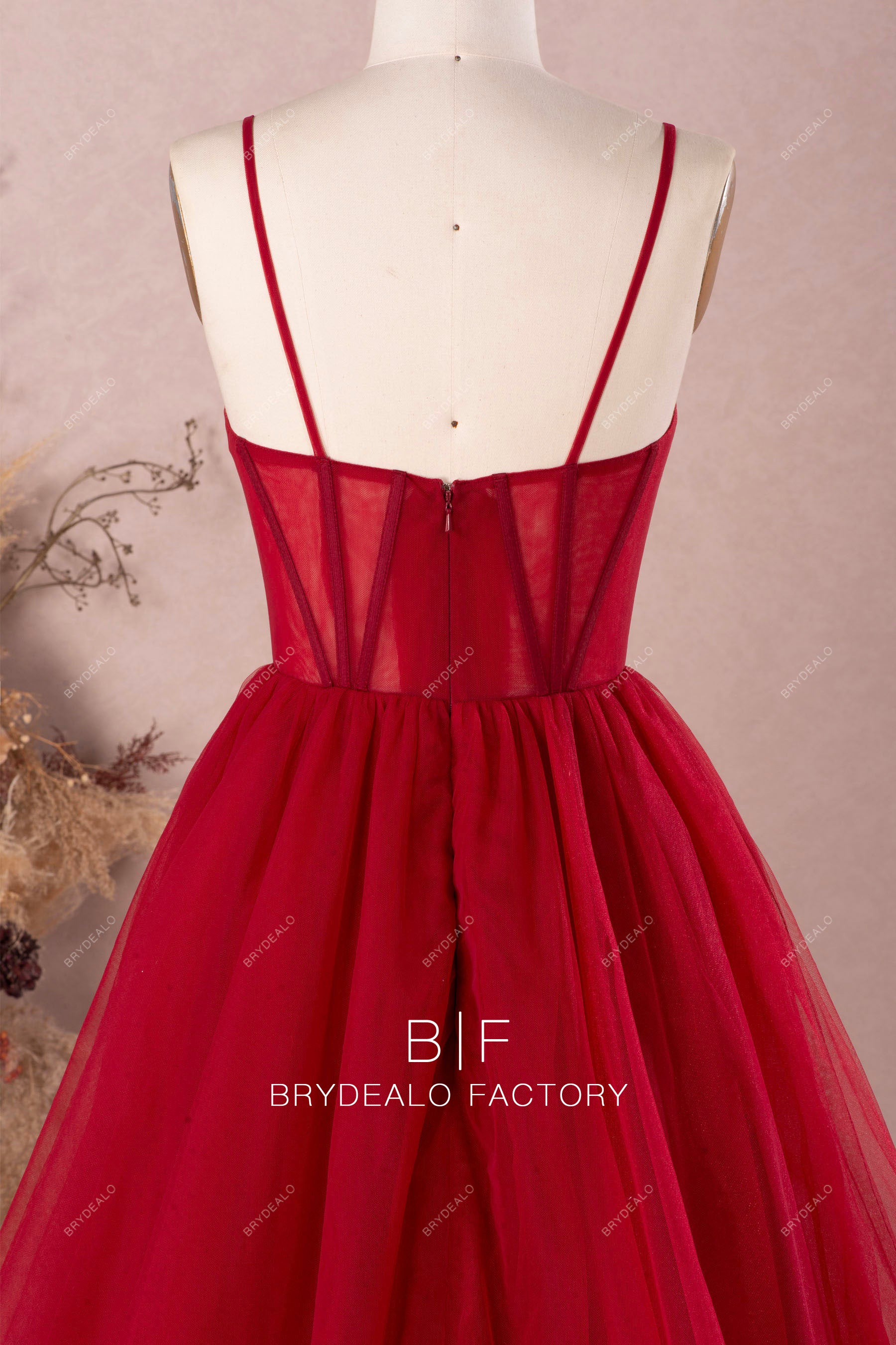 spaghetti straps sheer corset formal gown
