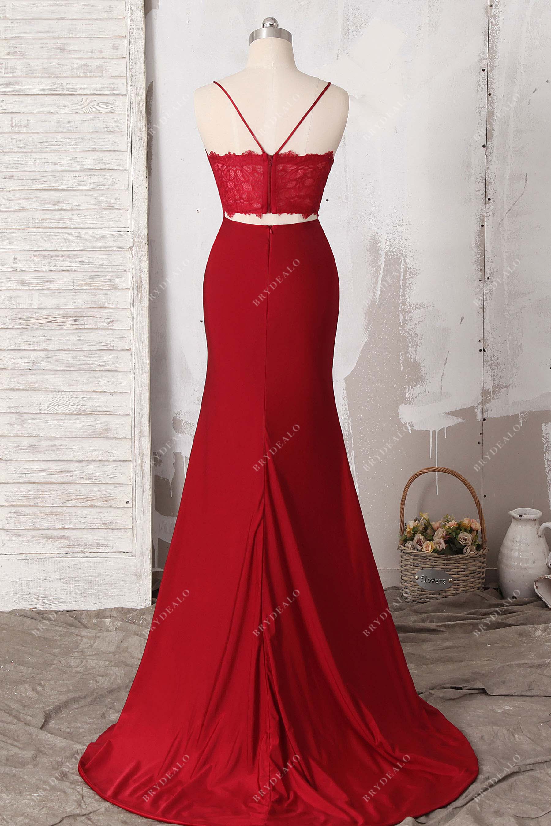 spaghetti straps sheer lace prom gown
