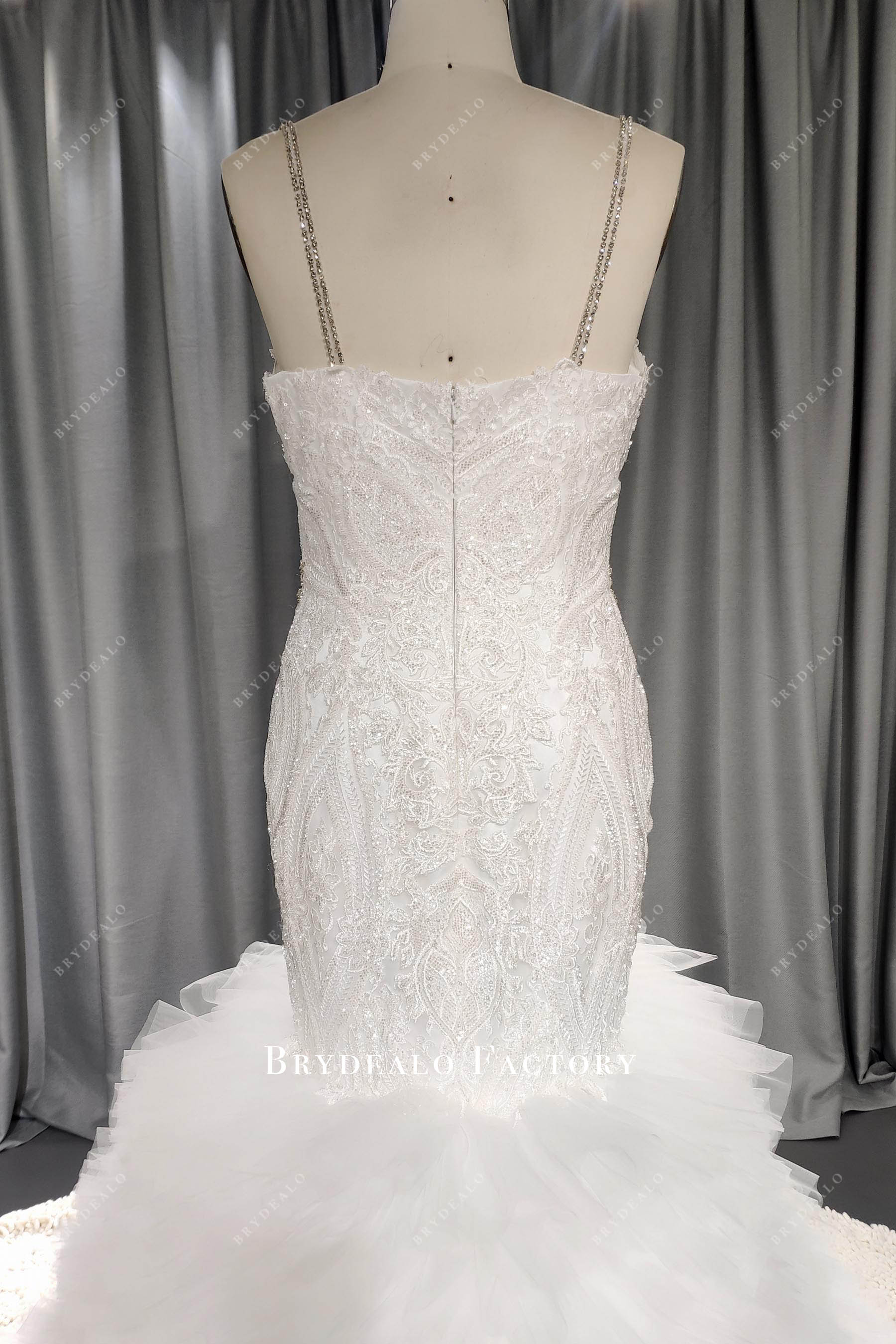 spaghetti rhinestone straps tiered tulle wedding gown