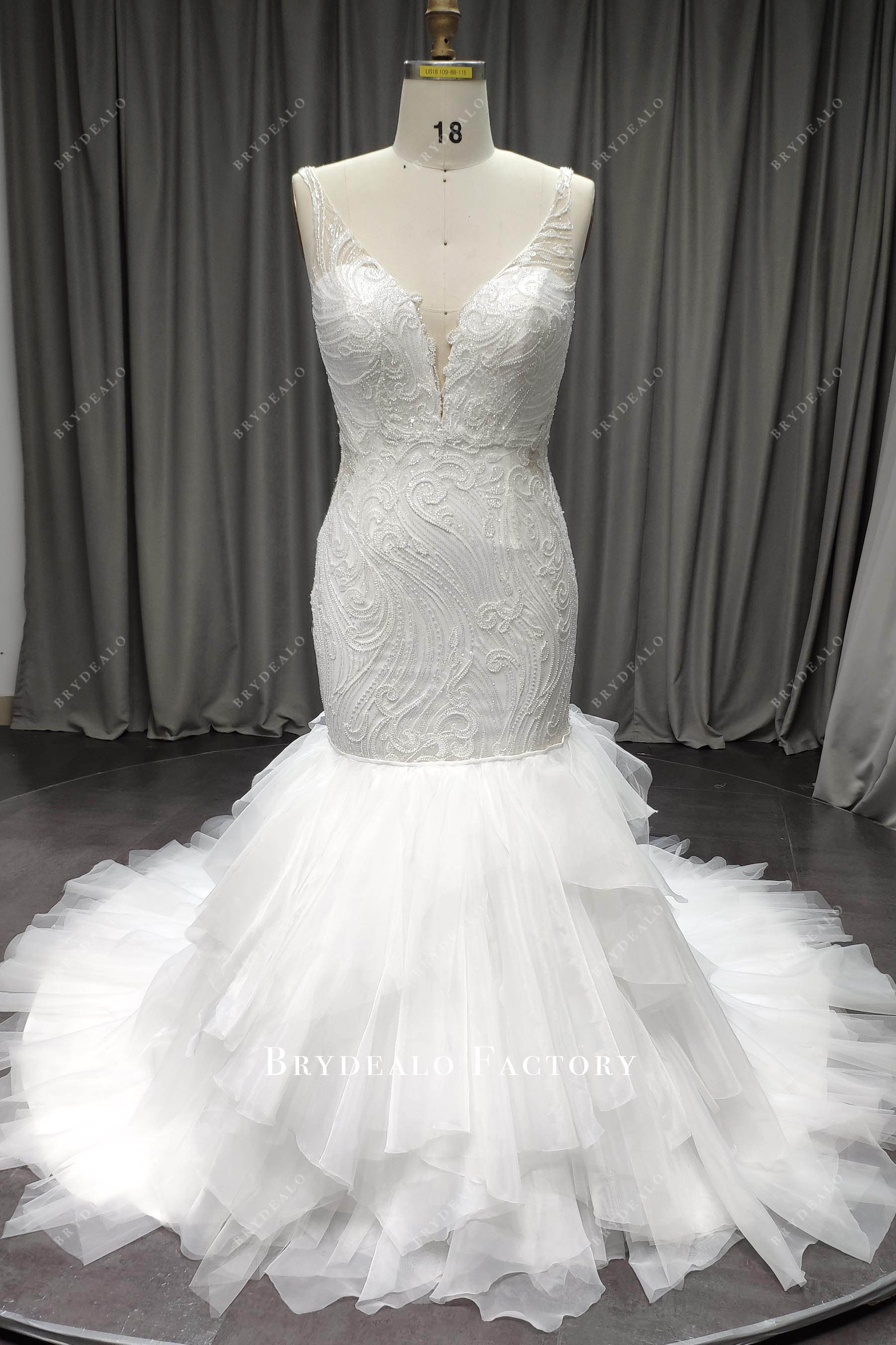 Custom Mermaid Beaded Lace Wedding Dress Plunging Neckline