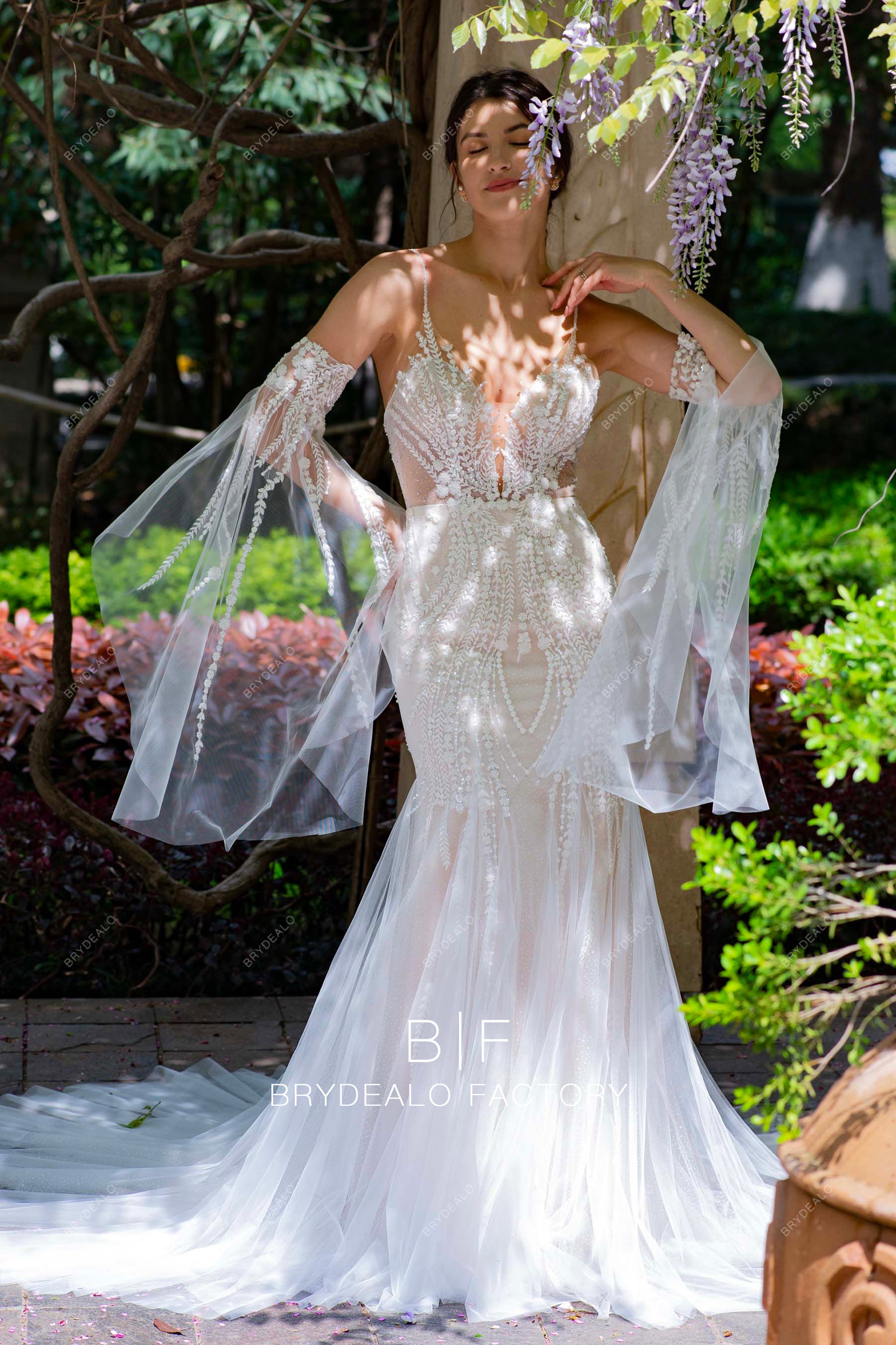 Blush Champagne Mermaid Wedding Dresses Flower Lace Dreamy Bridal