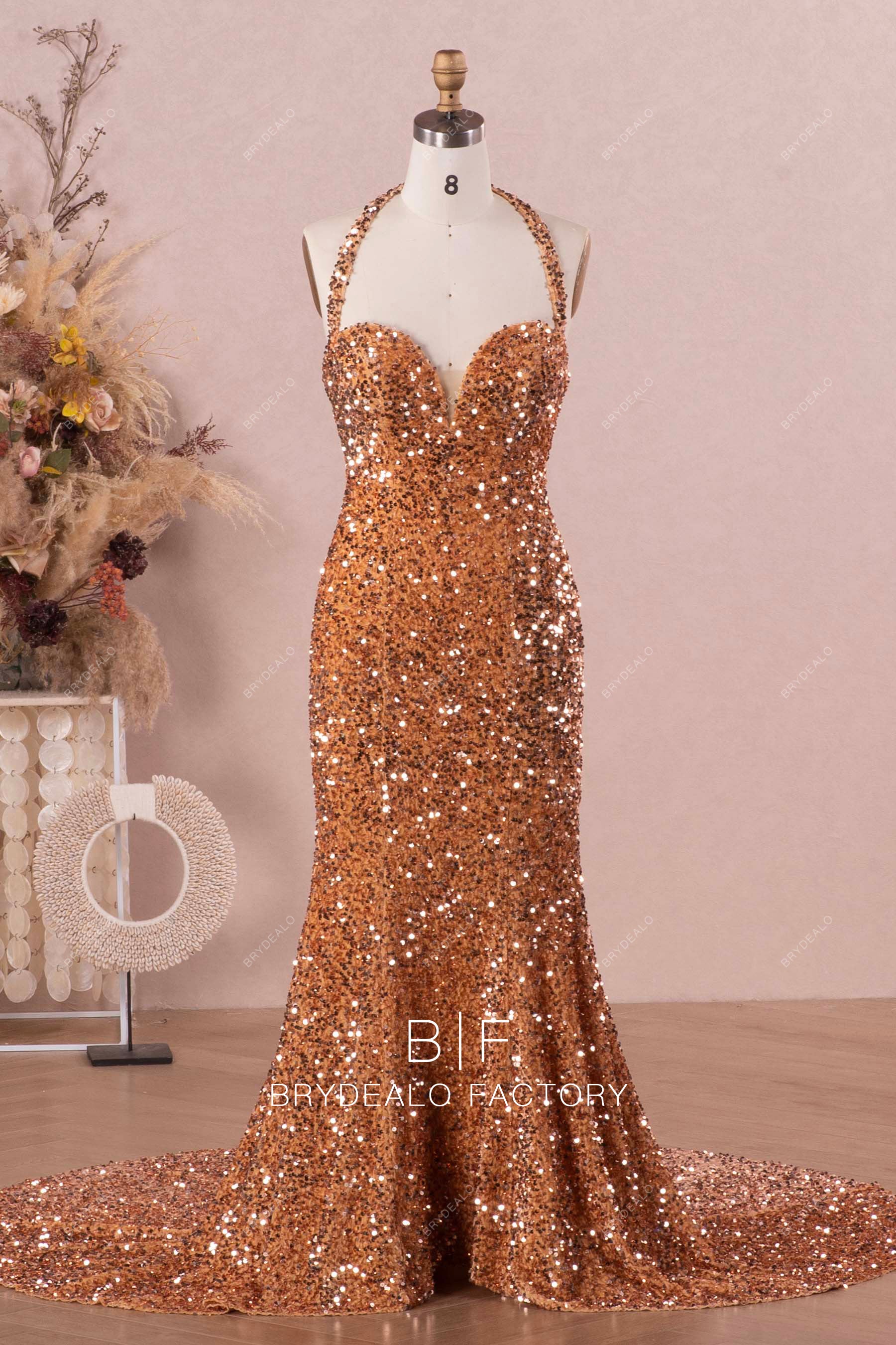 sparkly halter neck fit flare prom evening dress