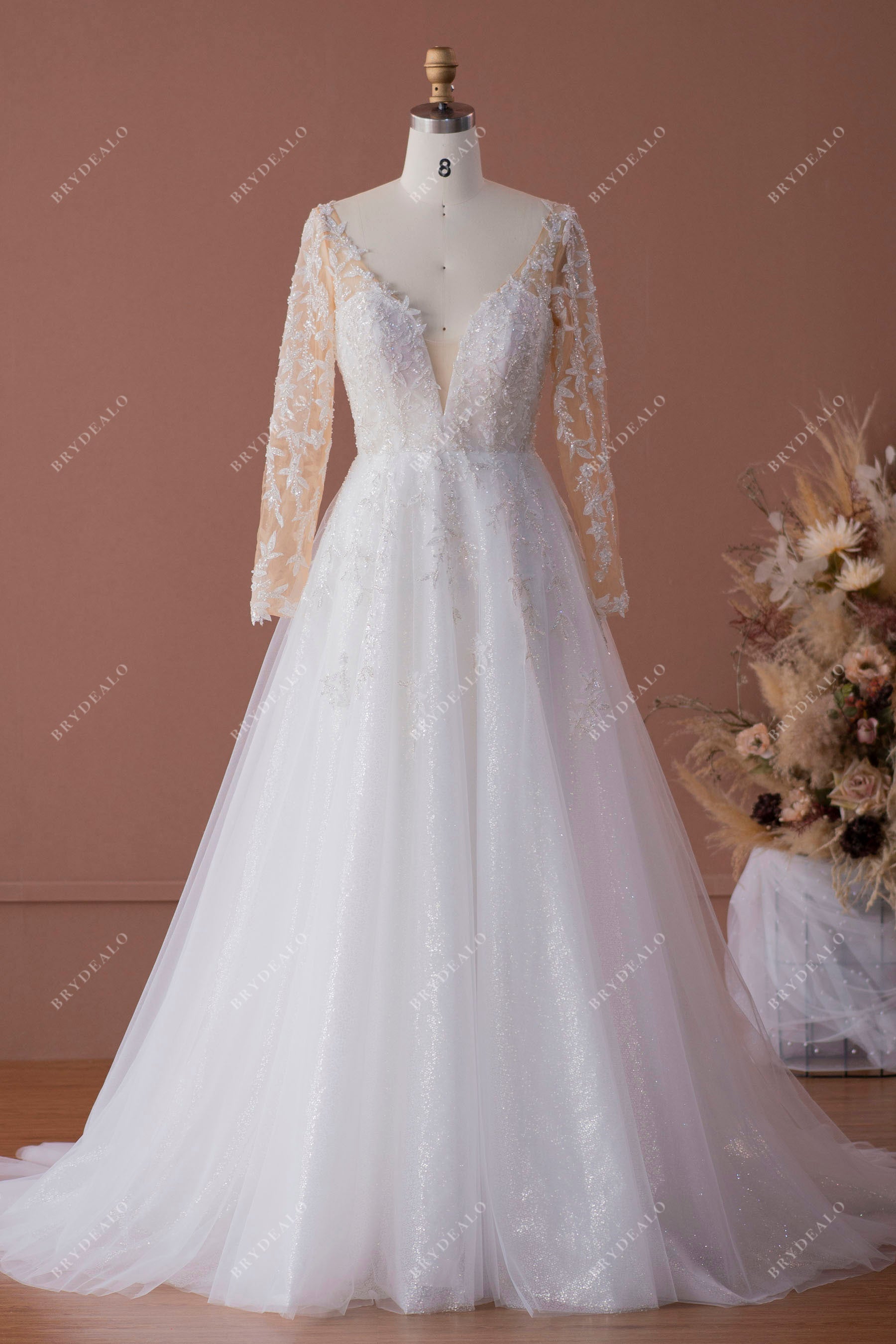 sparkly leaf lace plunging tulle illusion sleeved A-line wedding dress sample