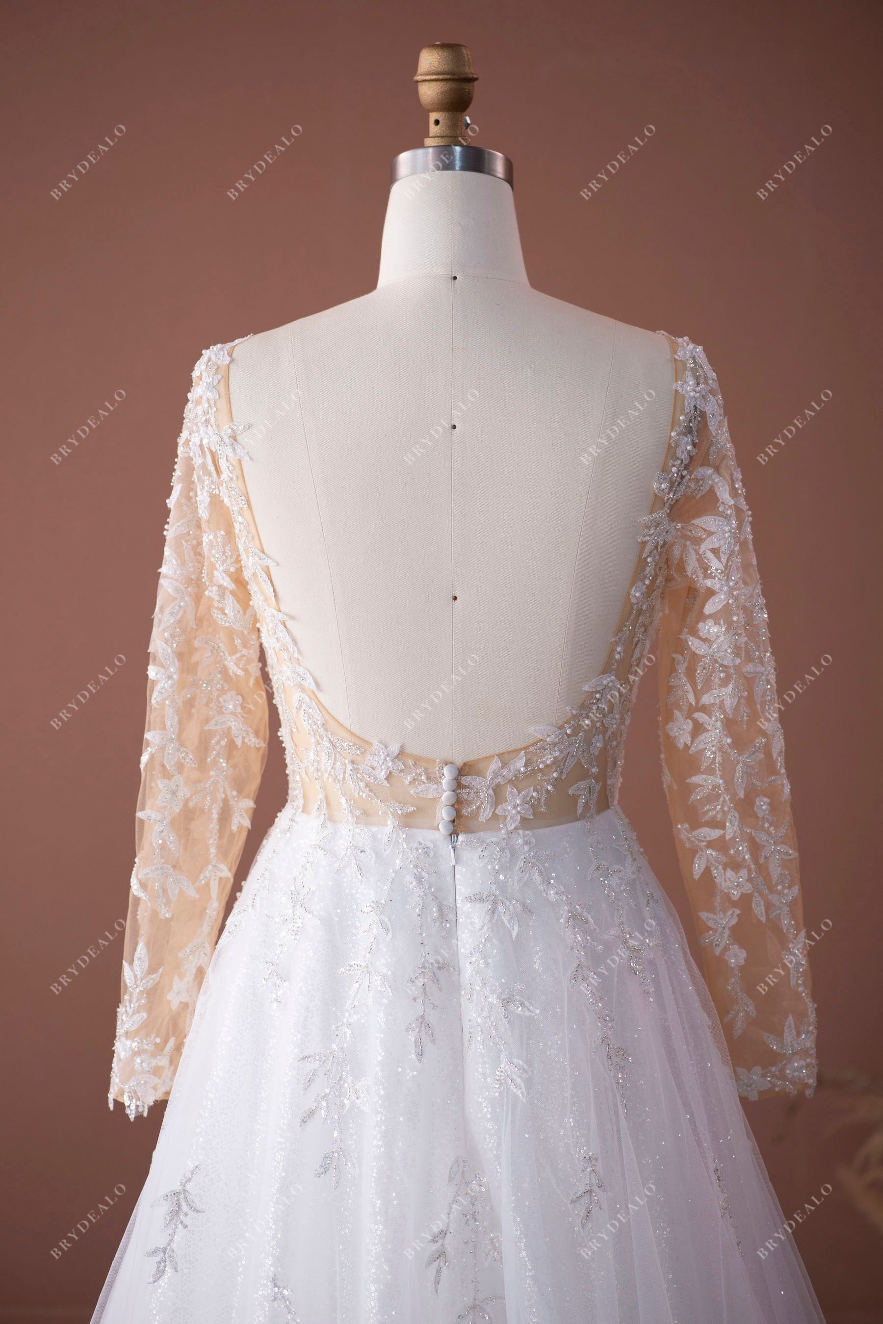 open back sparkly leaf lace tulle shimmery A-line bridal dress
